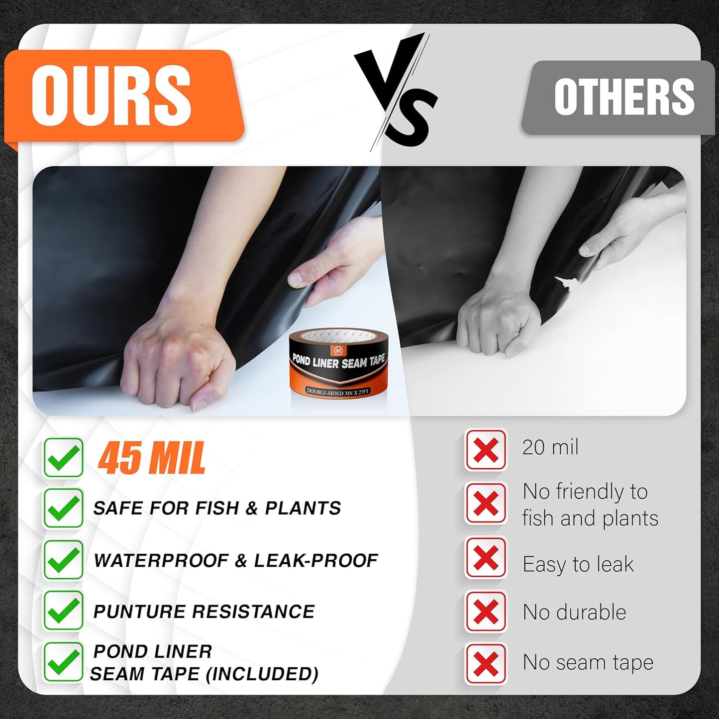 [Premium] 45 Mil LDPE Pond Liner with Seam Tape, 19.7 * 26.2FT Pond Lining for Fish Pond, Performed Garden Ponds, Large Pond Liner for Fishpond, Koi Pond, Waterfall, Streams