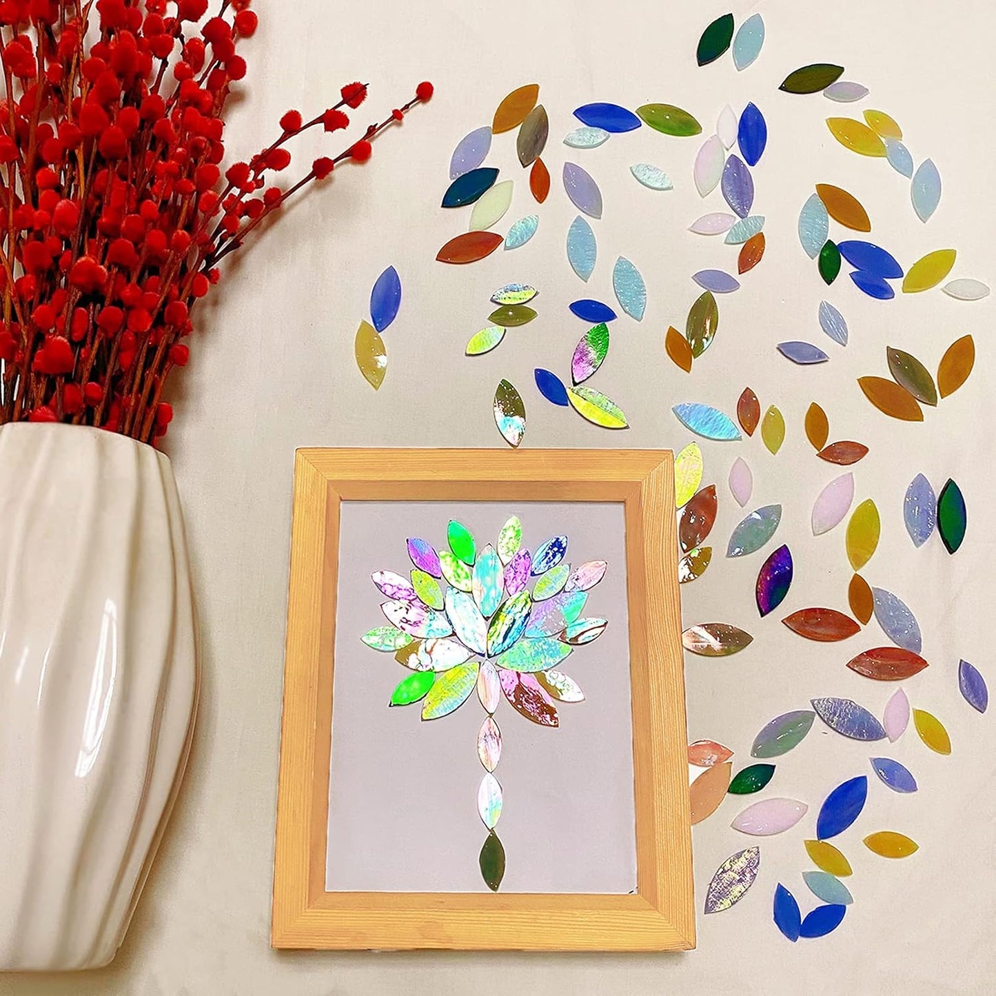 120 Pcs Iridescent Glass Petal Mosaic Tiles for Crafts, Stained Glass Supplies, Flower Leaves Mosaic Pieces Kit, Assorted Size and Rainbow Colors