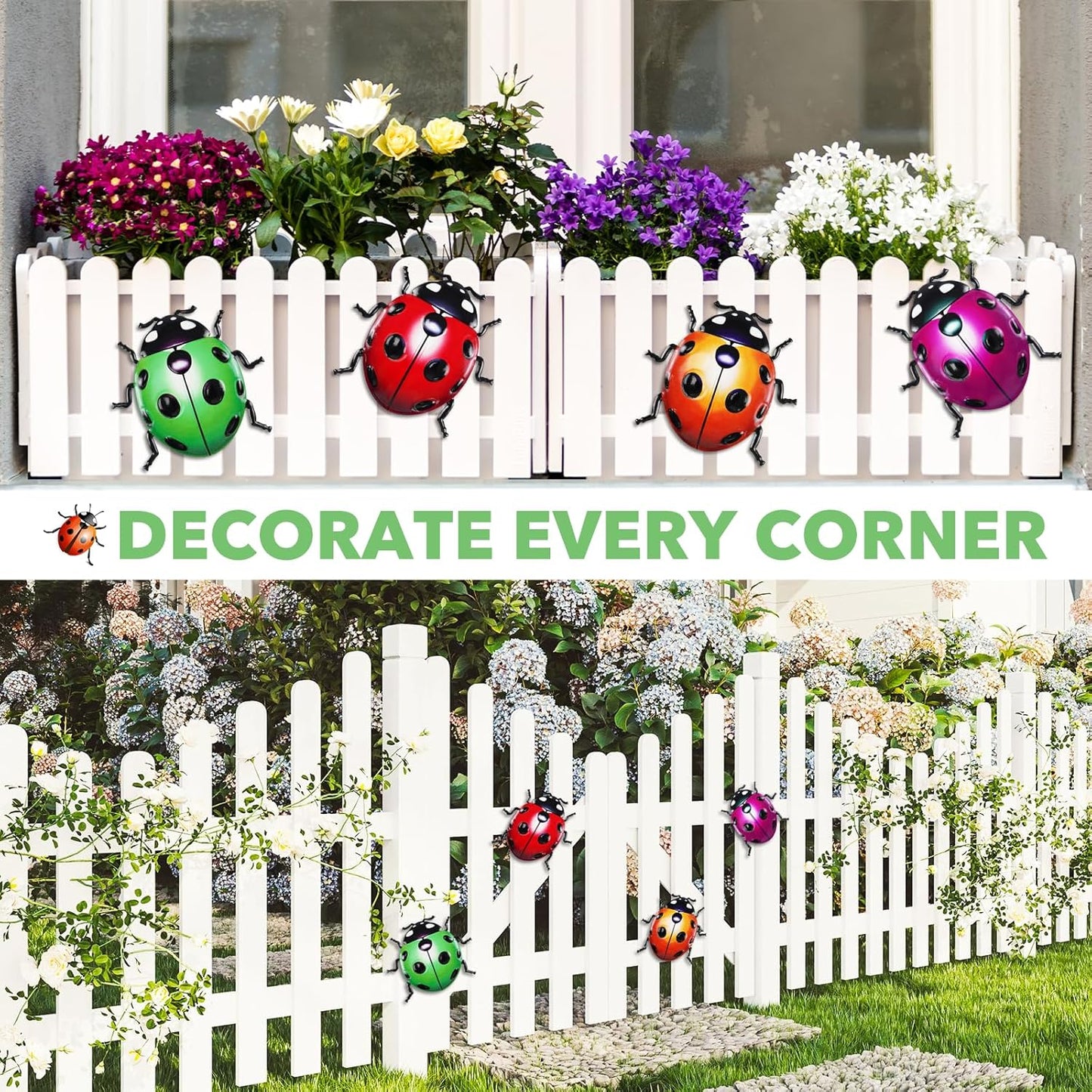 ULENDIS 4 PCS Cute Metal Ladybugs Wall Art Decor, 6.3 Inch Large Outdoor Wall Art Patio Fence Decorations, Colorful Yard Art Lawn Ornaments for Backyard Balcony