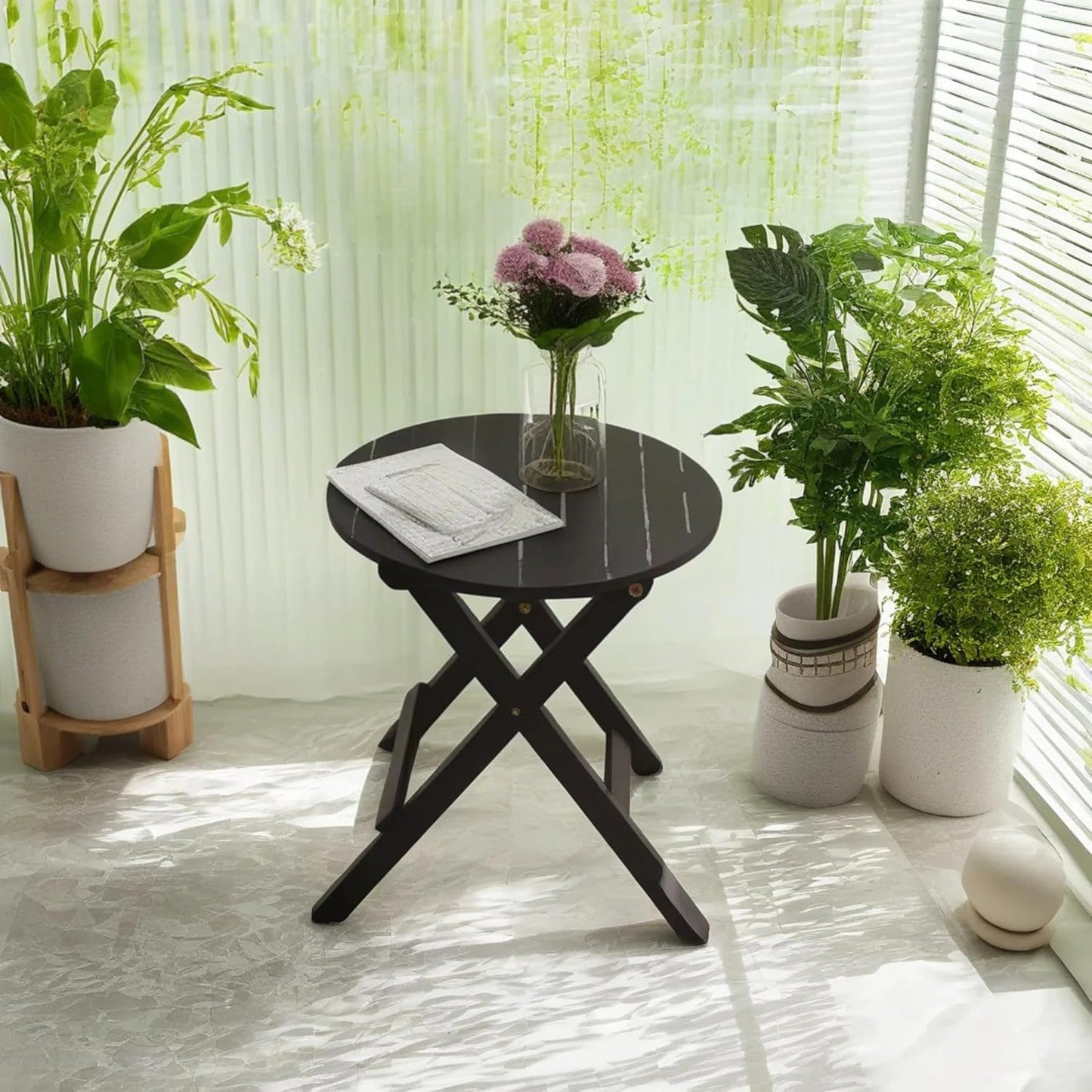 Outdoor Small Round Folding Side Tables, Foldable Wooden End Table for Indoor, Porch, Patio, Camping as Coffee Table or Plant Stand, Black ﻿