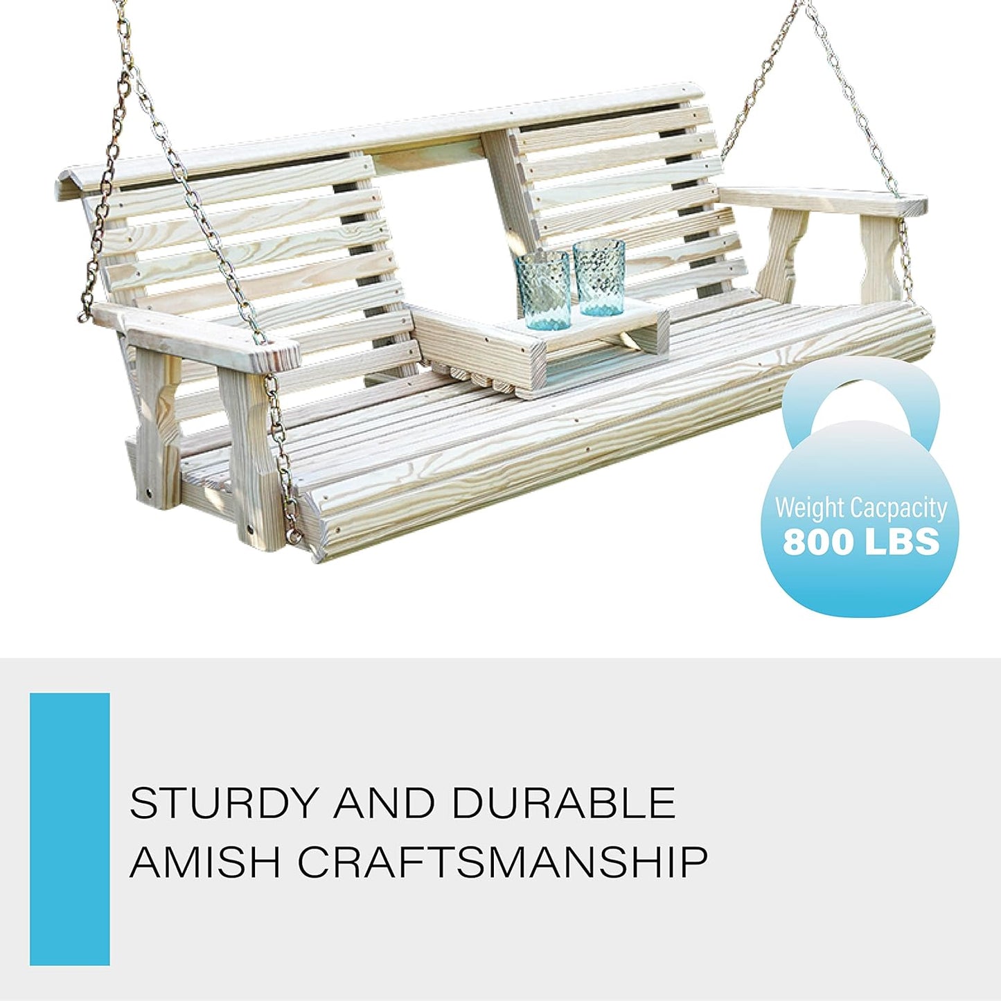 Porchgate Amish Heavy Duty Console Porch Swing with Fold Down Cup Holders in Unfinished - Amish Made in The USA from Treated Pine, Hanging Chains Included