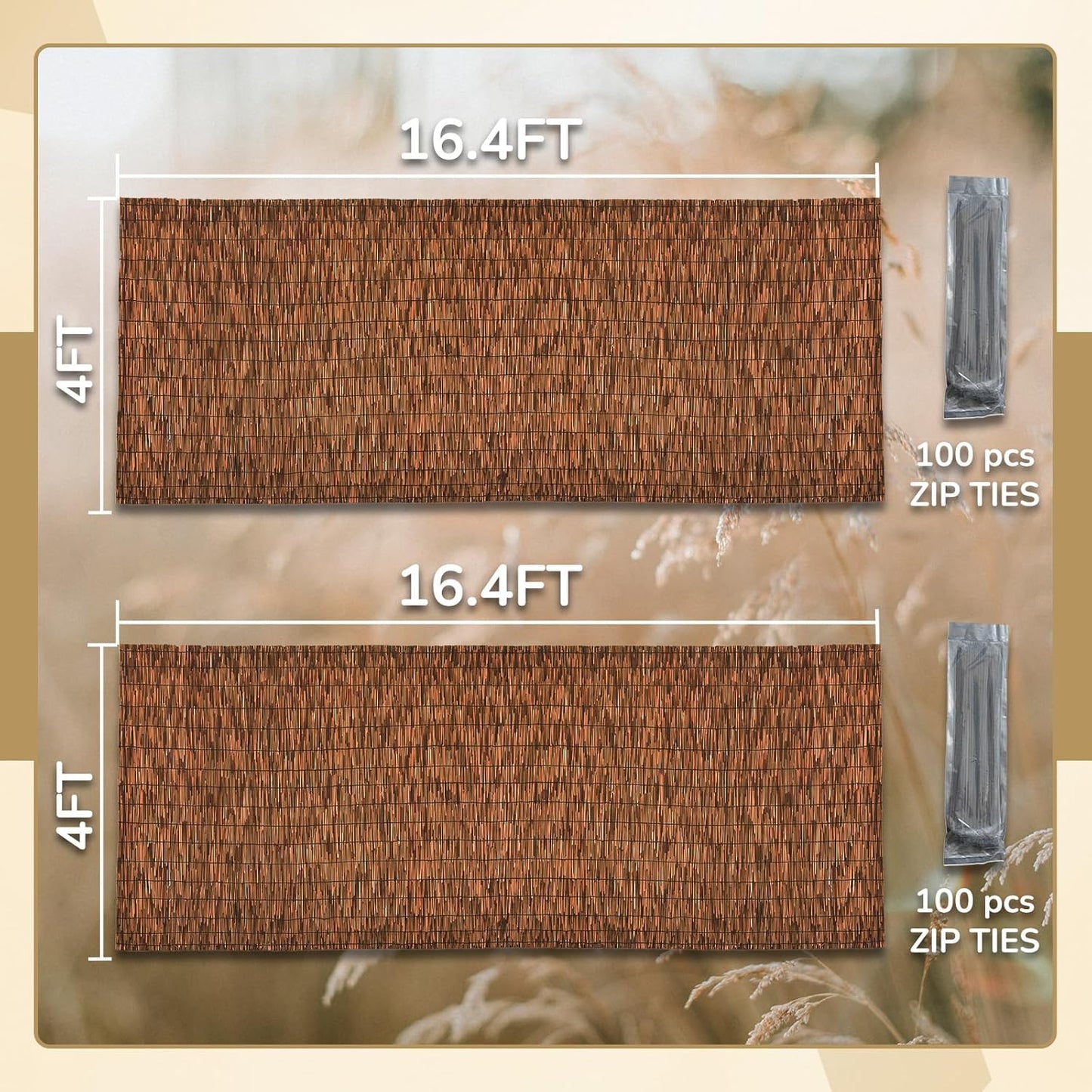 Brown 2 Pack 4FT X 16.4FT Reed Fencing Roll, Balcony Privacy Shade Reed Bamboo Fencing Garden Fence Border, Wind Block Sunshade Fence Screen for Outdoor Yard Patio Flower Bed Edge