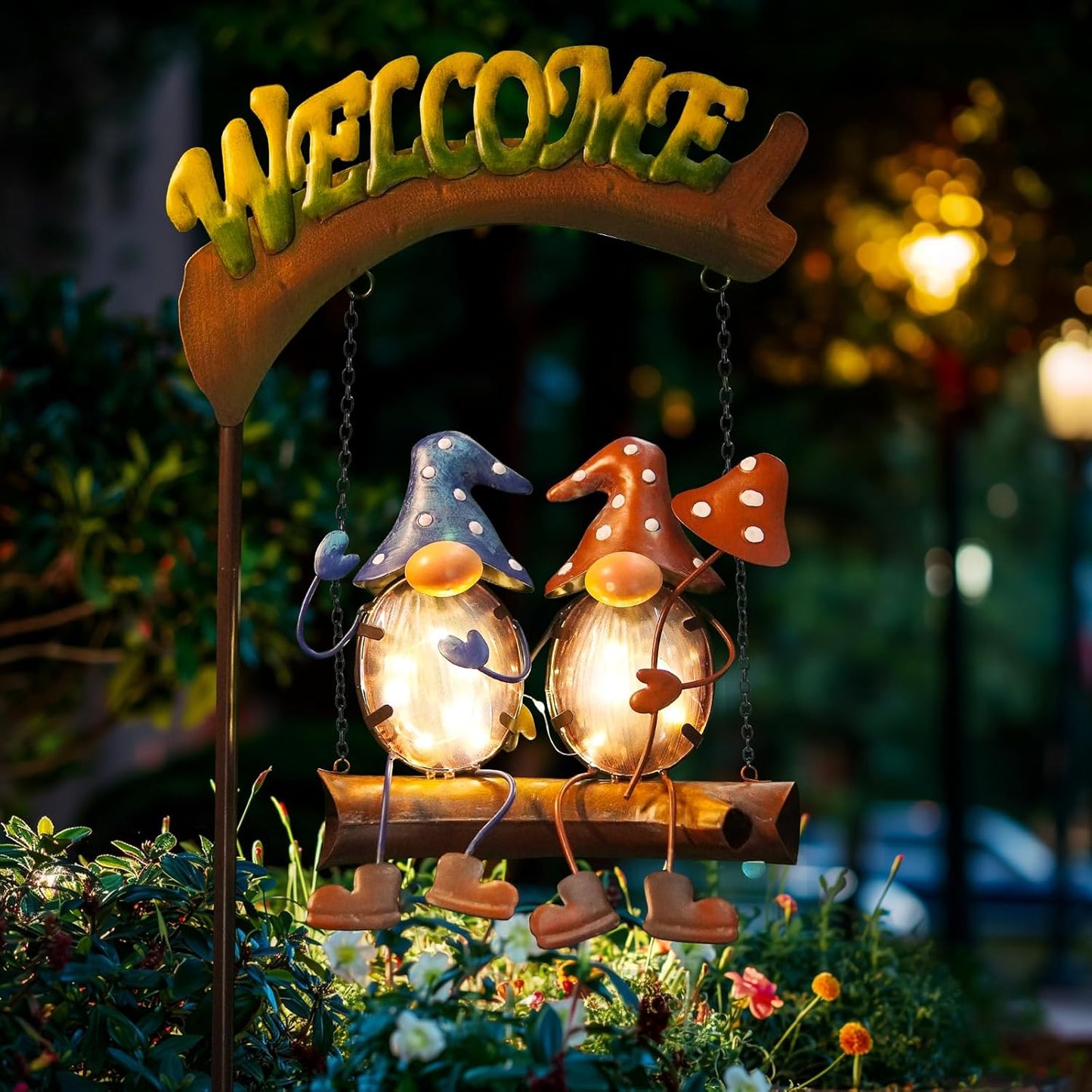 HONGLAND Gnome Garden Decor with Solar Lights, Funny Gnomes Swing Outdoor Decor, Gardening Gifts for Women Mom, Gnomes Yard Decorations with Welcome Sign for Lawn Porch Backyard Patio