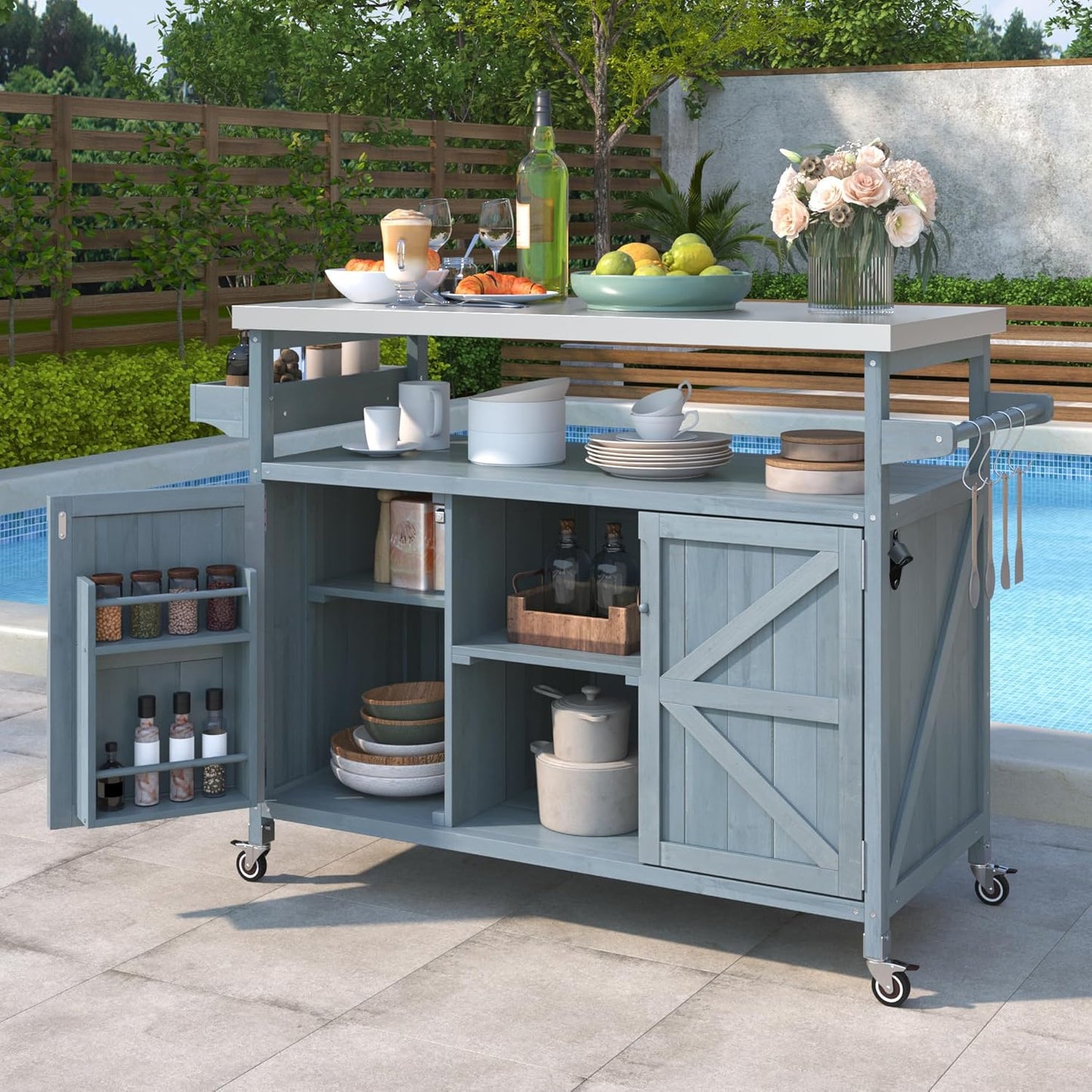 50.25" W Grill Cart with Stainless Steel Tabletop - Outdoor Storage Cabinet for BBQ, Bar Patio Kitchen Island with Ample Storage and Lockable Wheels