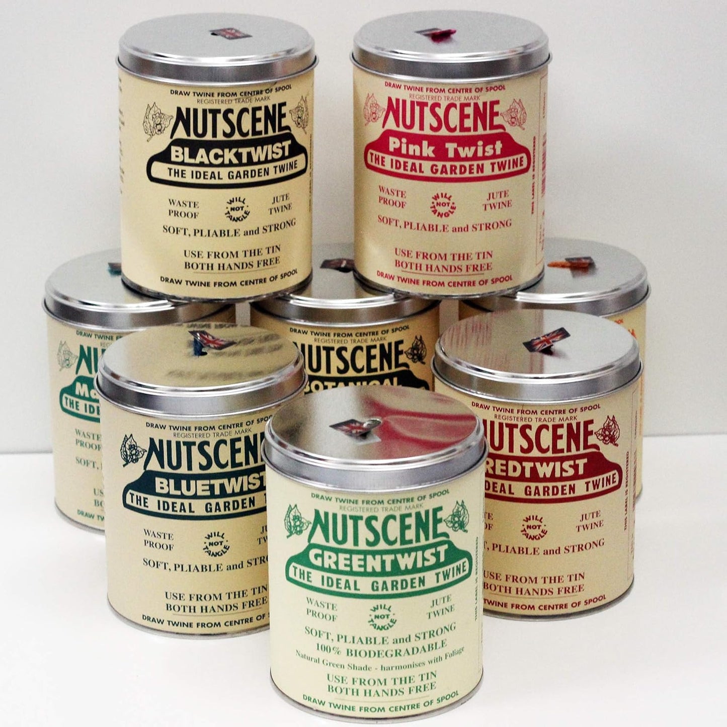 NUTSCENE Iconic Tin (Tin ‘O’ Twine) with Their Heritage Scottish Jute Twine and Hole in Top for Easy Dispensing. 14 Colors to Choose from. 164 Yards. (Brown)