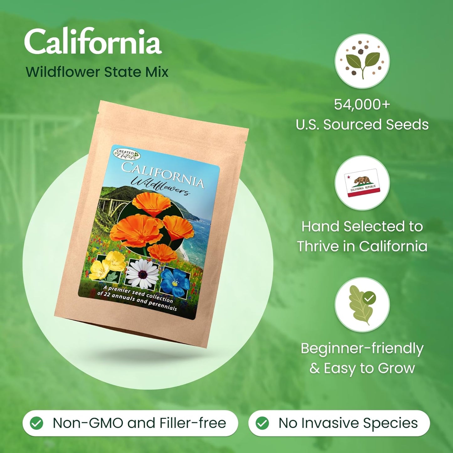 Created By Nature California Wildflower Seed Mix with Poppies, 22 Flower Varieties, 54,000+ Seeds