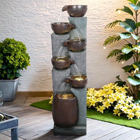53.5” Tall 6-Tier Outdoor Water Fountain with LED Lights – Relaxing Cascading Resin Jar Waterfall for Garden, Patio, Backyard & Indoor Home Décor