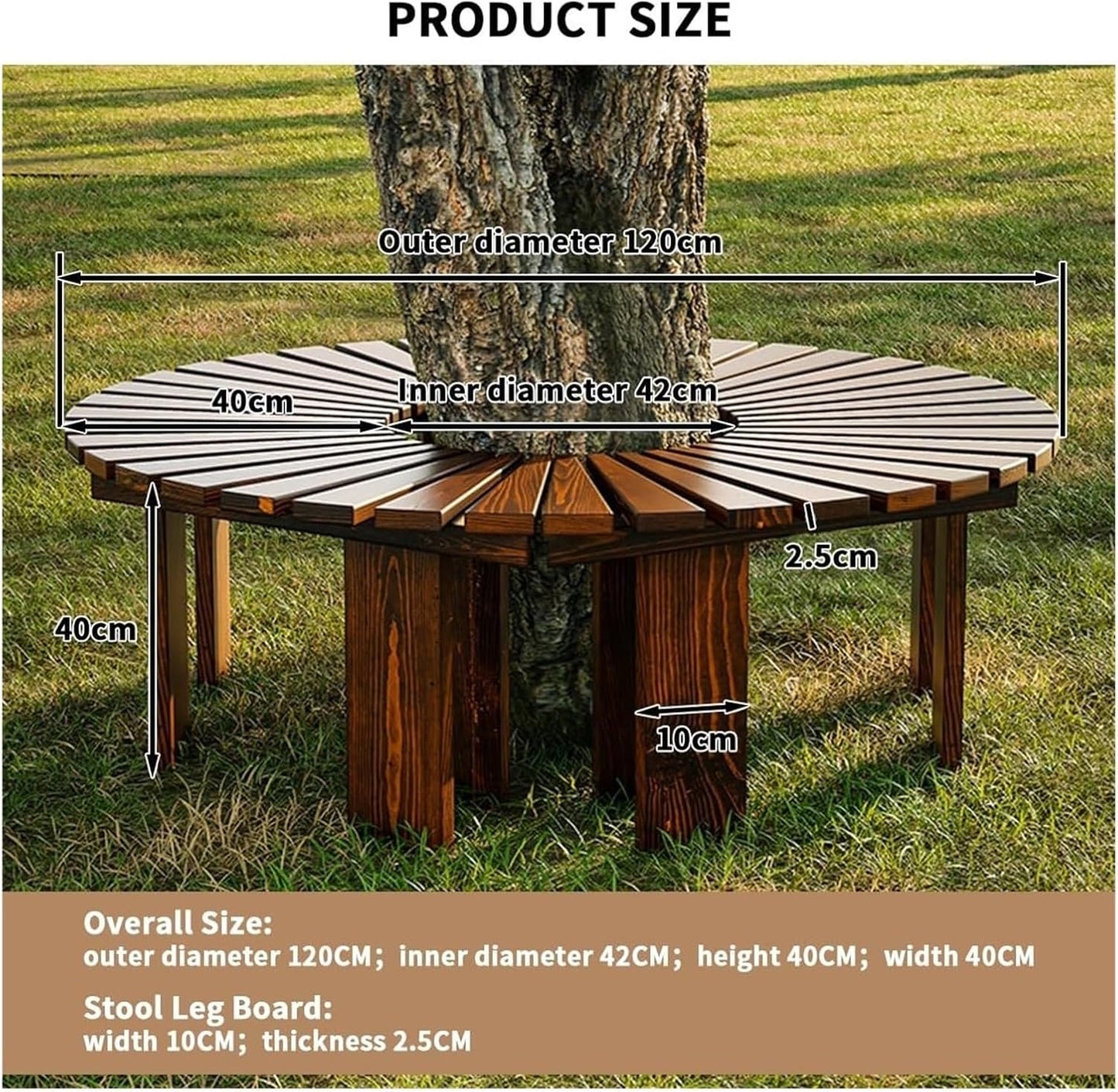 Tree Bench Wrap Around Tree Bench - Wooden Curved Benches Outdoor Strong Bearing Capacity 660Lbs, Outdoor Furniture for Garden Natural Park Courtyard(Color:Brown,Size:Round)