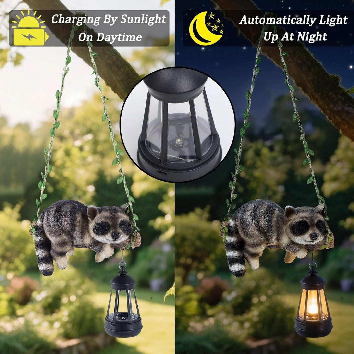 Solar Lighted Garden Outdoor Statue, 20.1" H Hanging Swing Lying with A Sleeping Raccoon and A LED Lantern, Resin Animal Figurine Hanging Ornaments with Hook for Decoration & Gift