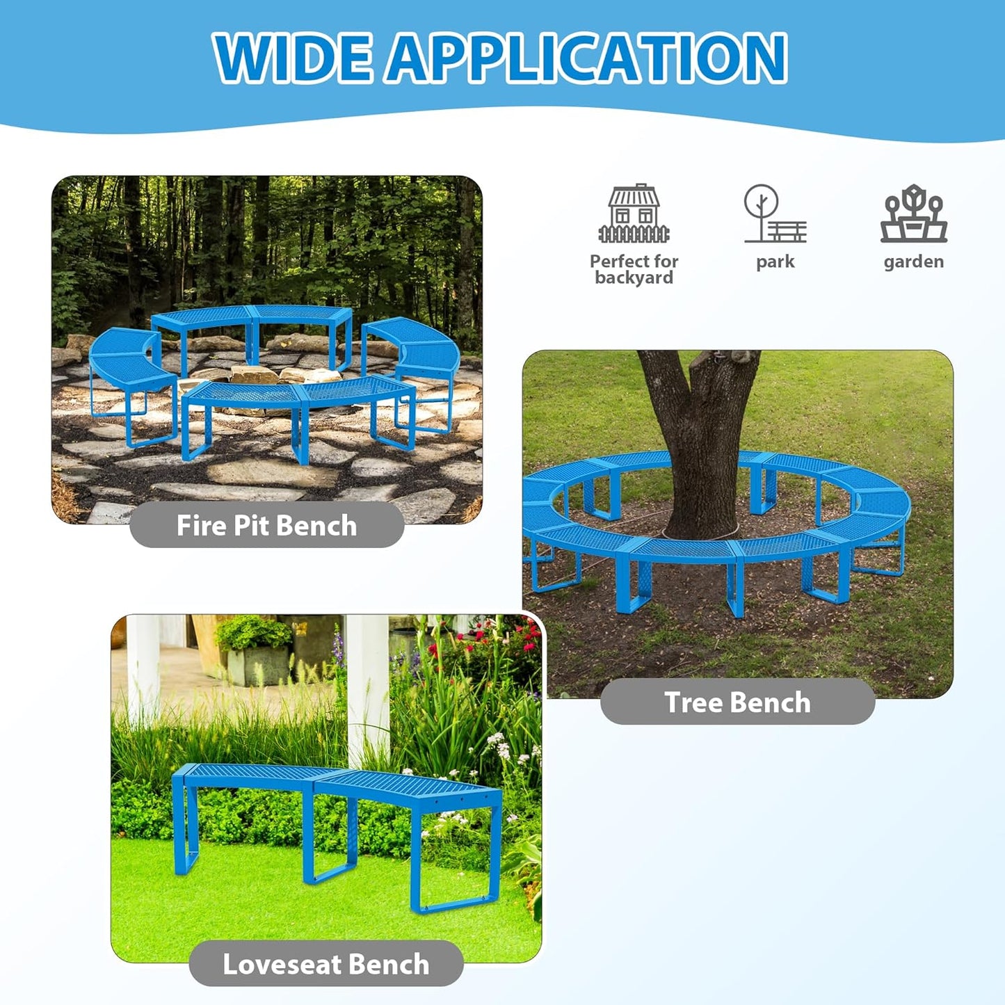 Outdoor Curved Bench, Heavy Duty Metal Park Bench for Outside, Backless Loveseat, Thermoplastic-Coated, Weatherproof Commercial-Grade 2-Person Seating for Park, Patio, Garden, Deck, Beach，Blue