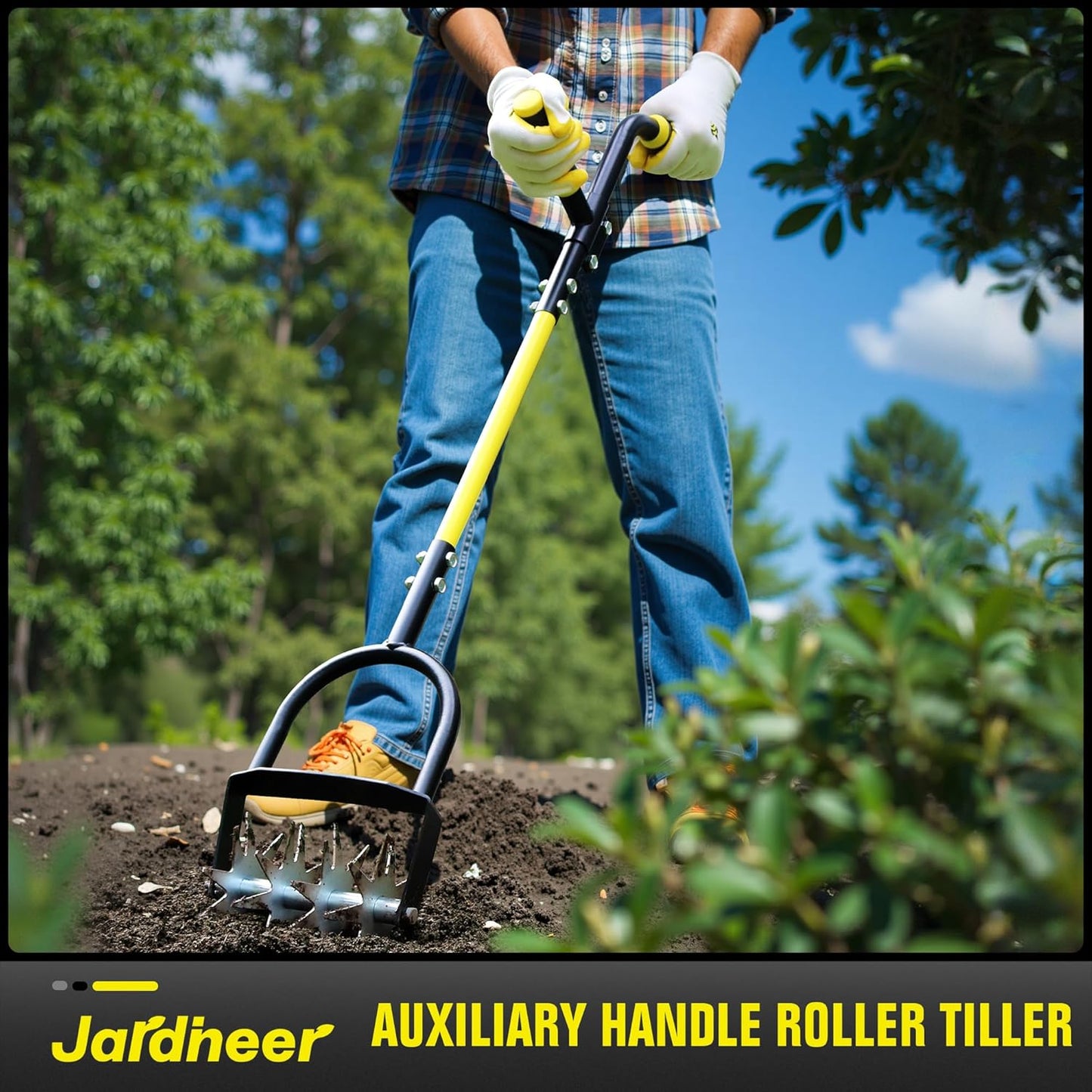 Jardineer Rotary Cultivator for Gardening, Long Handle Garden Cultivator for Soil Mixing, Reseeding, Lawn Aerating, Hand Tiller with Auxiliary Handle Suitable for Women and The Elderly