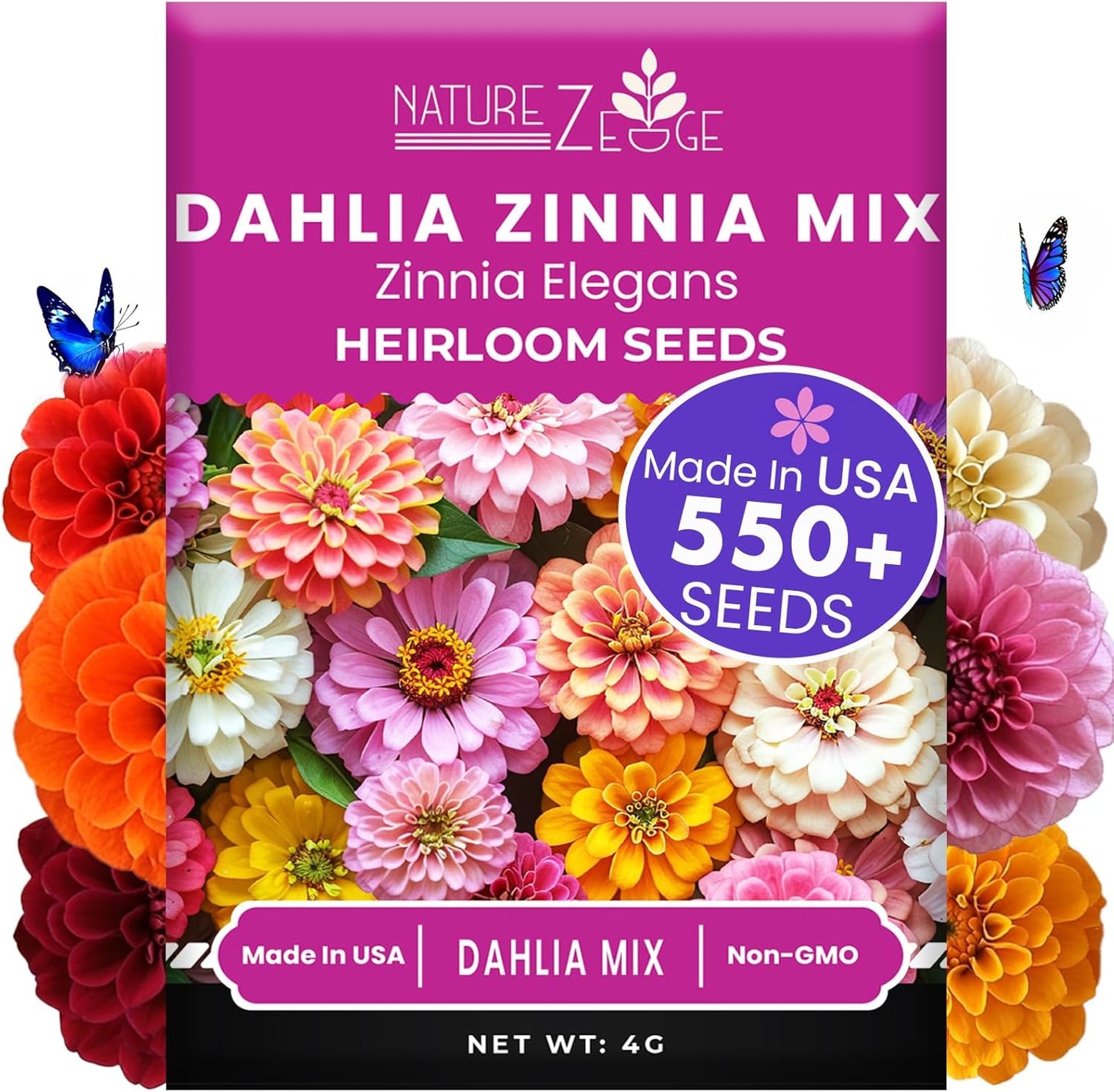 NatureZ Edge Zinnia Seeds for 2025 Planting Outdoors, Over 550 Flower Seeds, 4g, Non GMO Made in USA, Bulk Semillas De Flores para Sembrar, Dahlia Mix, Easy to Grow Zinnia Seed Mix