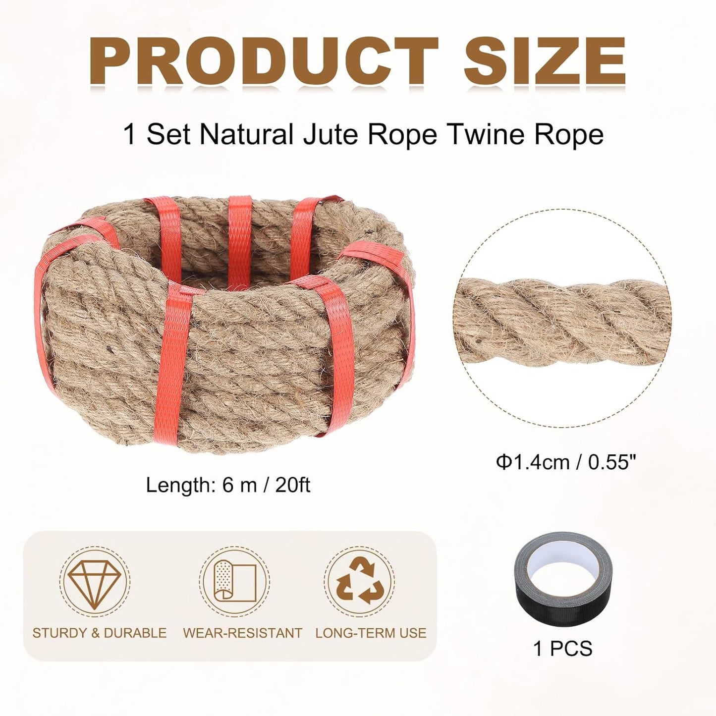 MECCANIXITY Jute Rope 0.55 Inch x 20ft, Thick Twine Rope Ropes Braided Jute Twine Natural Brown Burlap Cord String Heavy Twisted with Tape for Decorative Crafts Railing Swing Tug of War