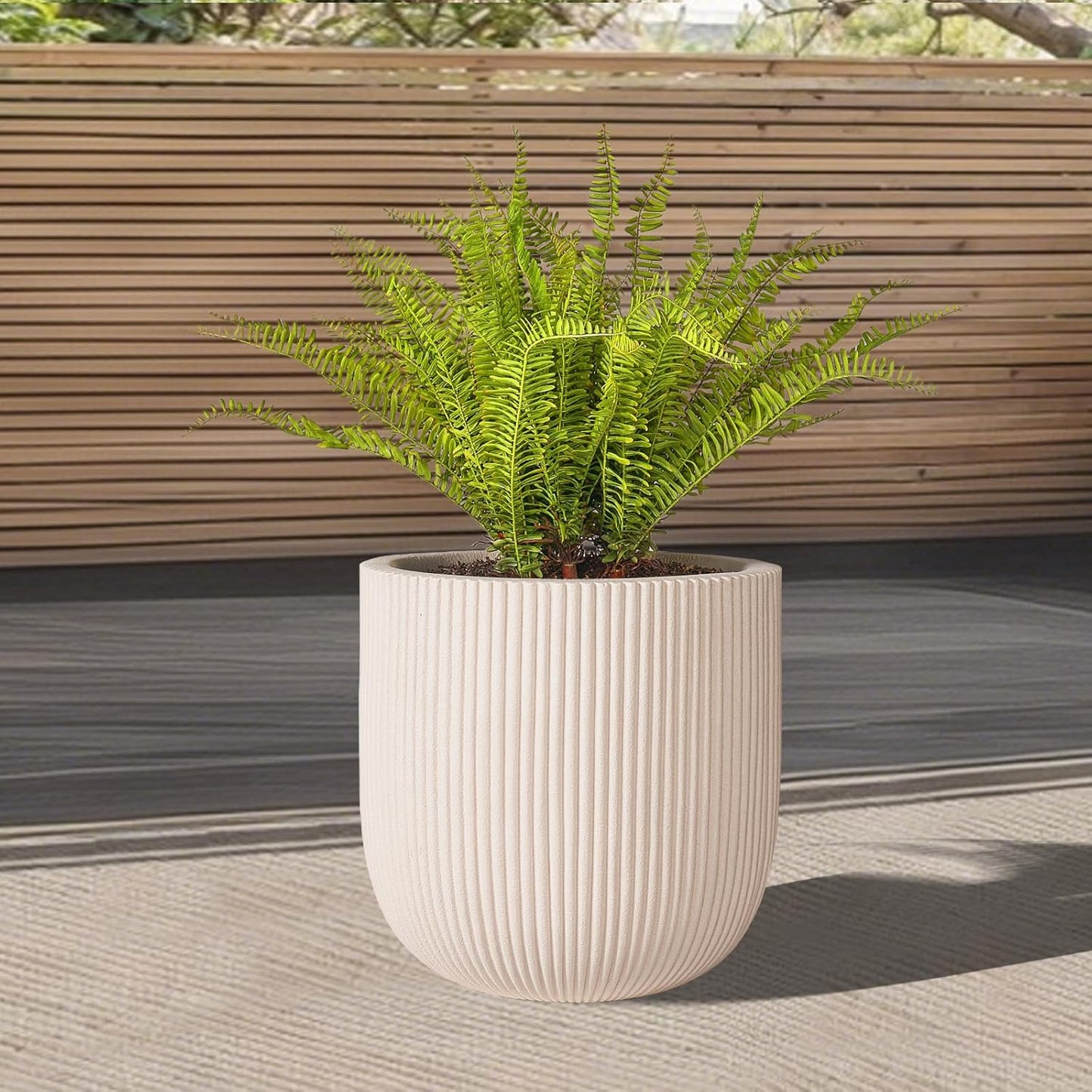 16 Inch Handmade Concrete Outdoor Planter - Classic Striped Design | Fiberglass & Composite Material | Durable for Commercial & Home Decor