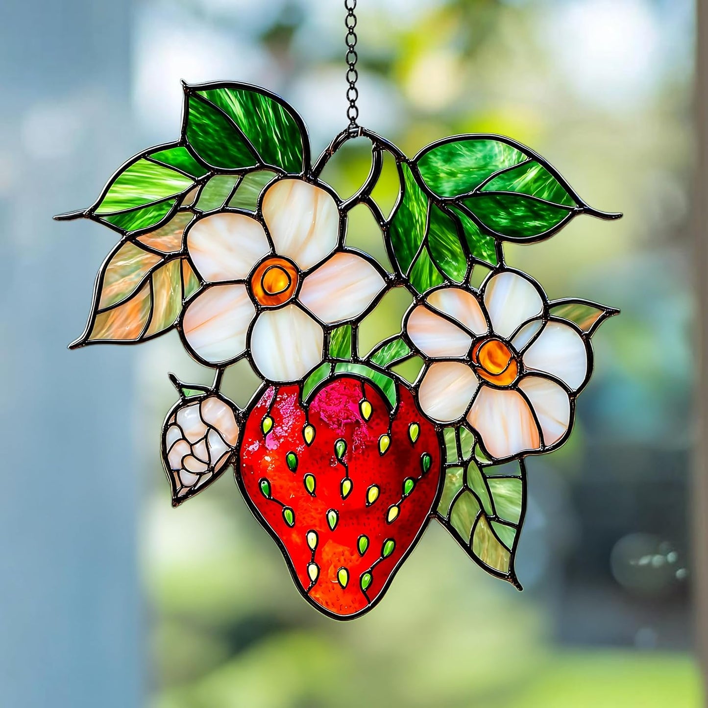 Strawberry Branch Acrylic Suncatcher Window Hanging Floral Home Decor Nature Lover Housewarming Gift