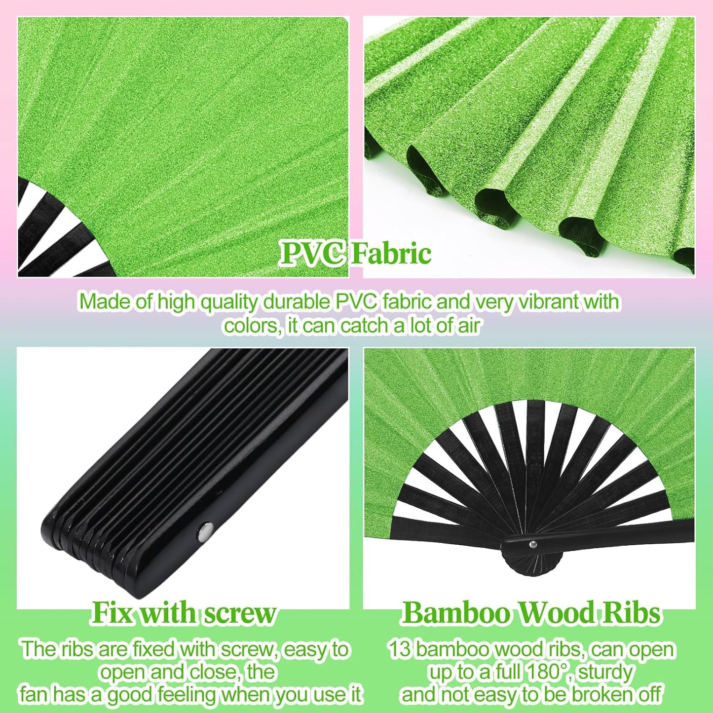 Maitys 2 Packs Large Clap Fans for Line Dancing Large Chinese Folding Hand Fans for Men and Women, Festival, Tai Ji, Kungfu, Martial Art, Gifts (Glitter Green and Pink)