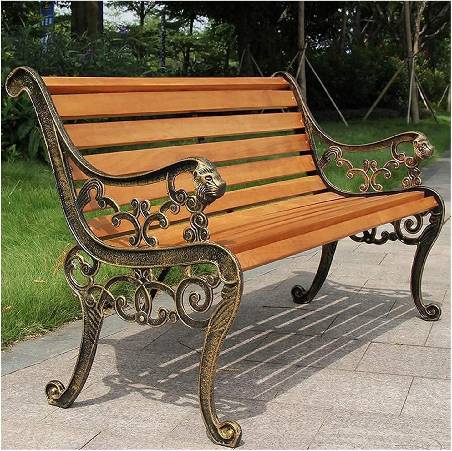 Outdoor Solid Wood Garden Park Bench for 2-3 People, Weatherproof Patio Lawn Bench Porch Seat with Cast Iron Frame, Porch/Deck/Patio Furniture Bench with Backrest and Armrests(Teak+Antique bronze Legs