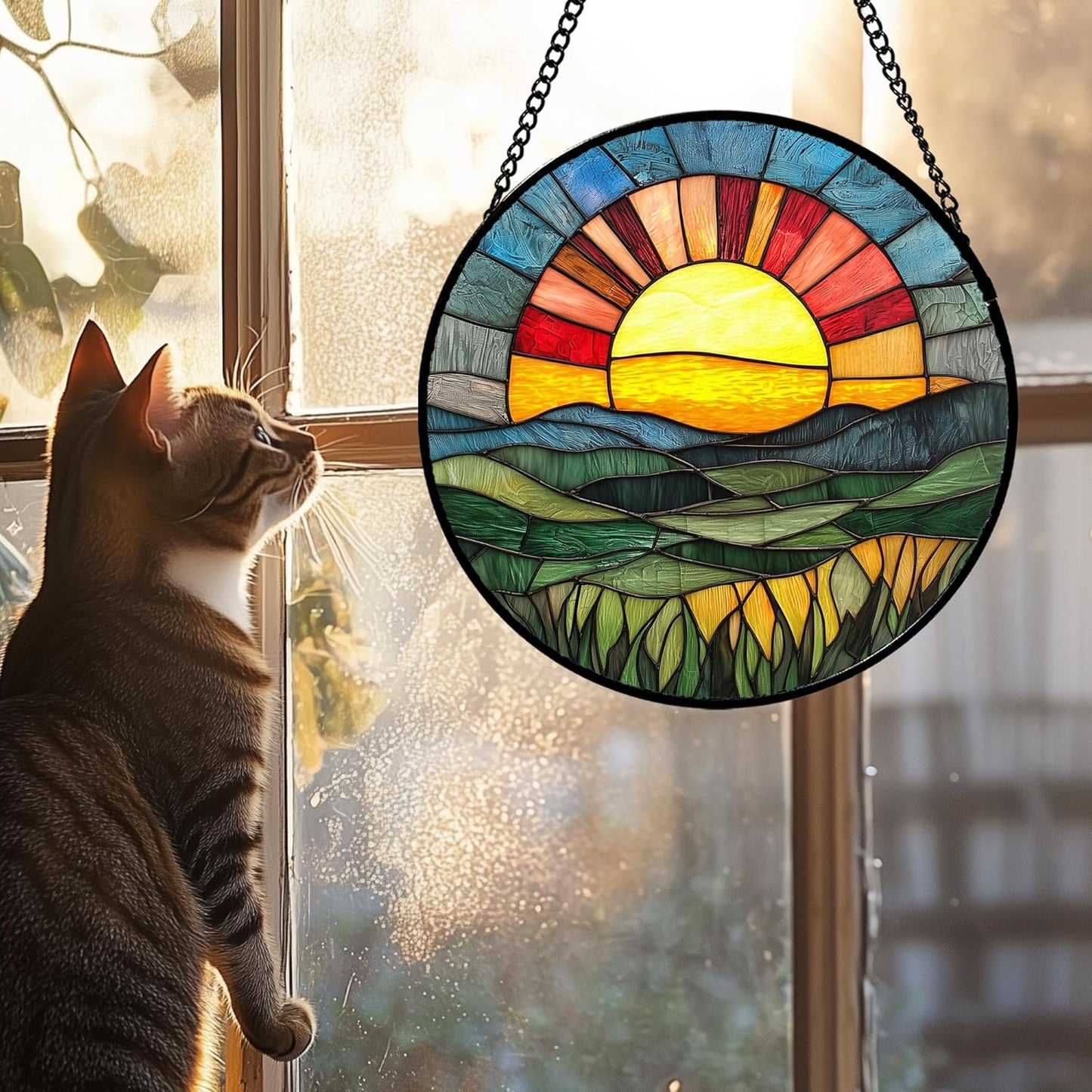 Stained Glass Window Hanging, Golden Red Sun Green Mountain Suncatcher for Window Home Decor Nature Landscape Sun Catcher Mother's Day Birthday Gifts for Women Men Mom Nana 7.8 in