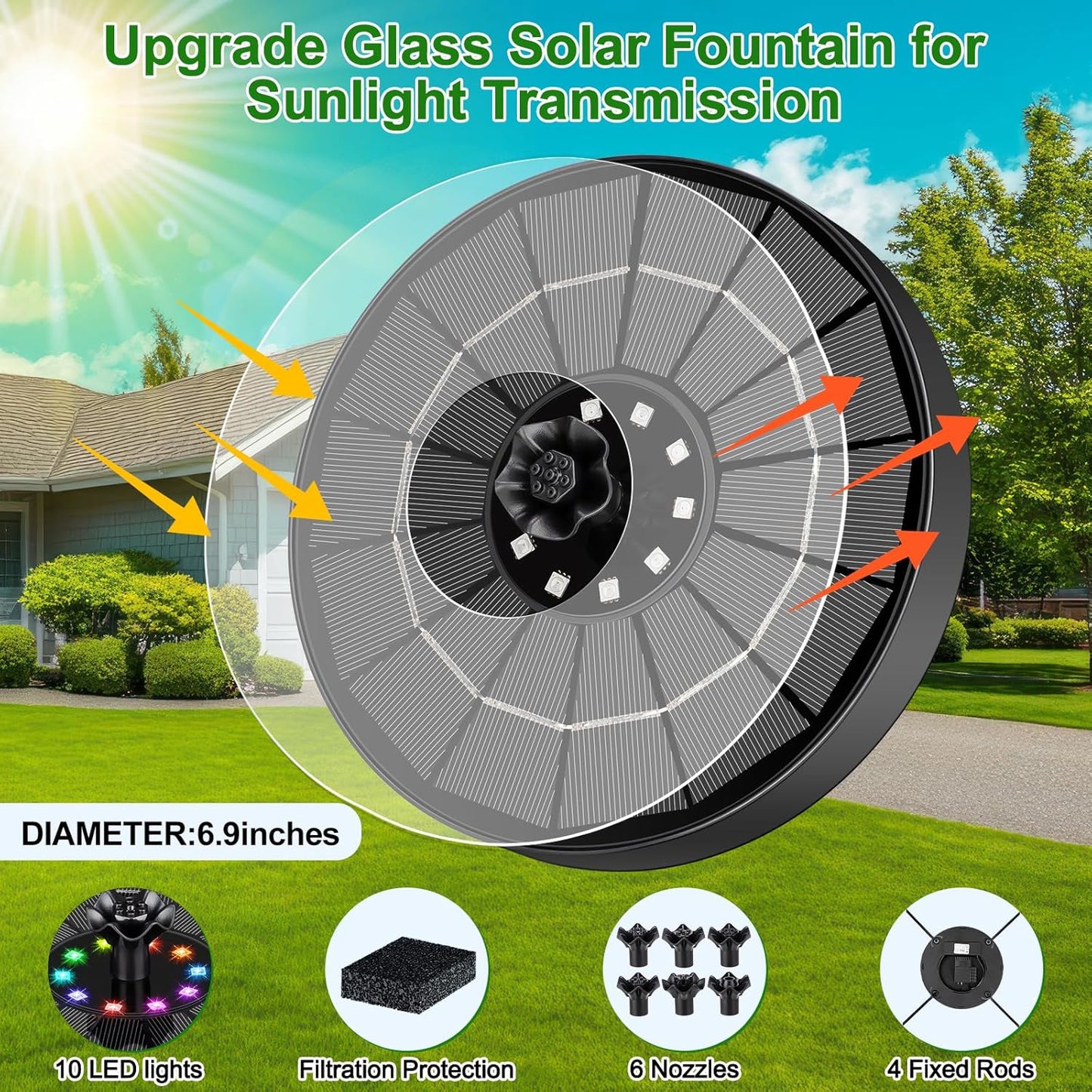 Solar Fountain Pump with 3 Spray Height Adjustments, Upgraded Glass Solar Bird Bath Fountains with LED Lights,6 Nozzles,Outdoor Solar Water Fountain Pump for Bird Bath, Garden, Pool, Pond