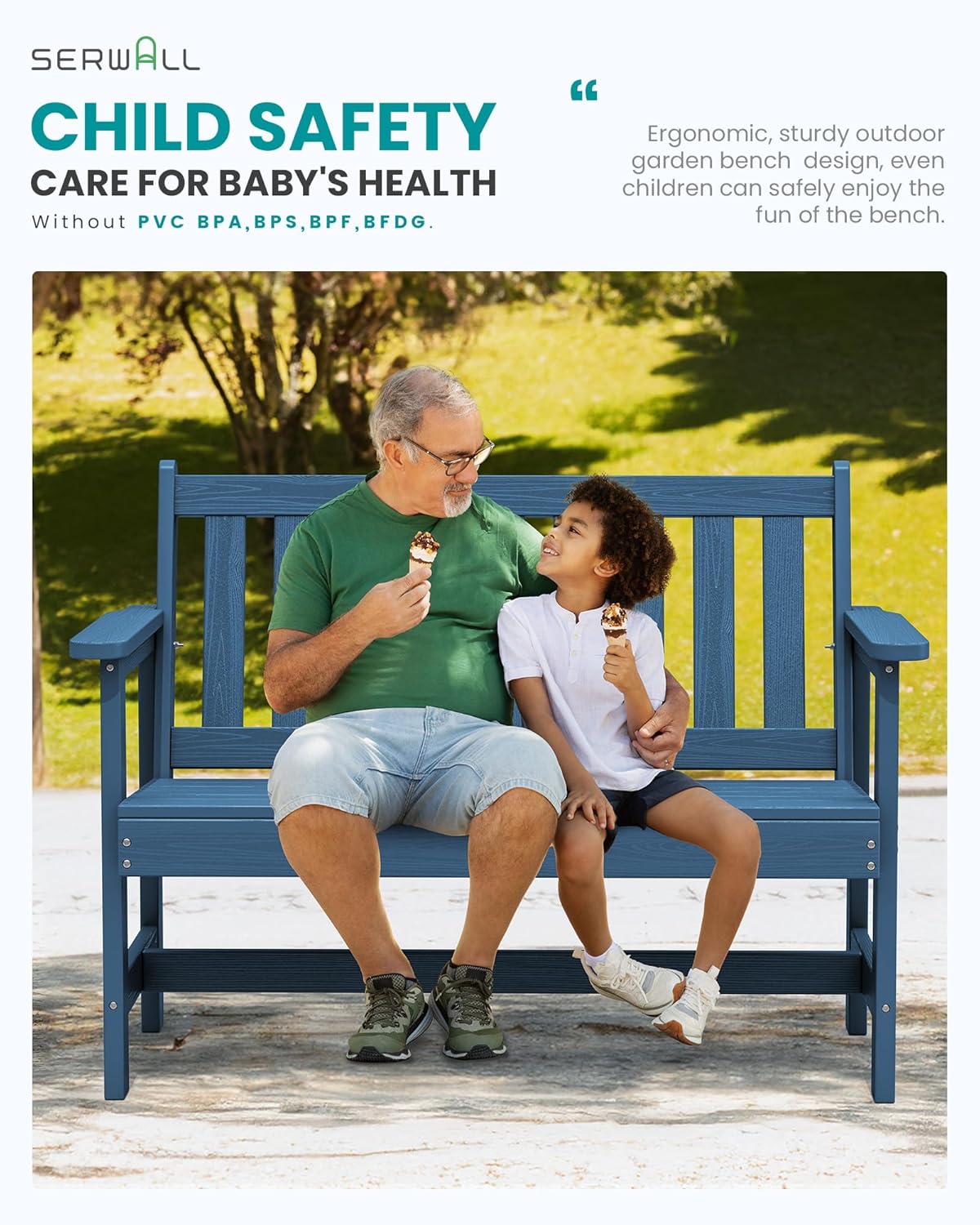 SERWALL Outdoor Bench, HDPE Outdoor Benches Weatherproof, 2-Person Garden Bench with 660 lbs Weight Capacity, Patio Benches for Outdoors, Garden, Porch, Backyard and Park, Navy, 6 Pack