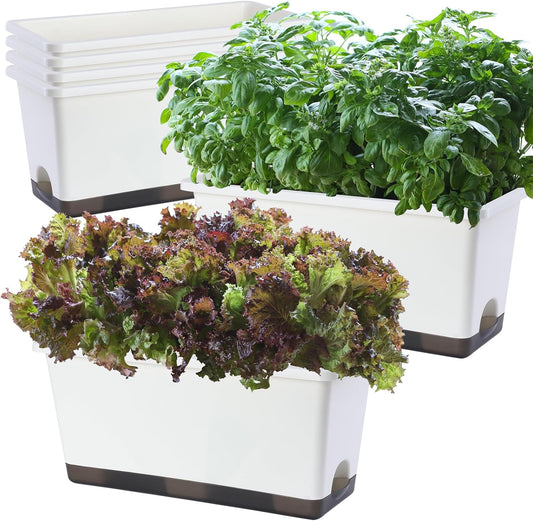 Window Box Planter 6 Pcs, 17 Inches Rectangle Flower Pots with Drainage Holes and Trays, Vegetable Planters for Windowsill Patio Garden Balcony Home Porch Yard Indoor Outdoor (White, 17*7.4*7.8 inch)