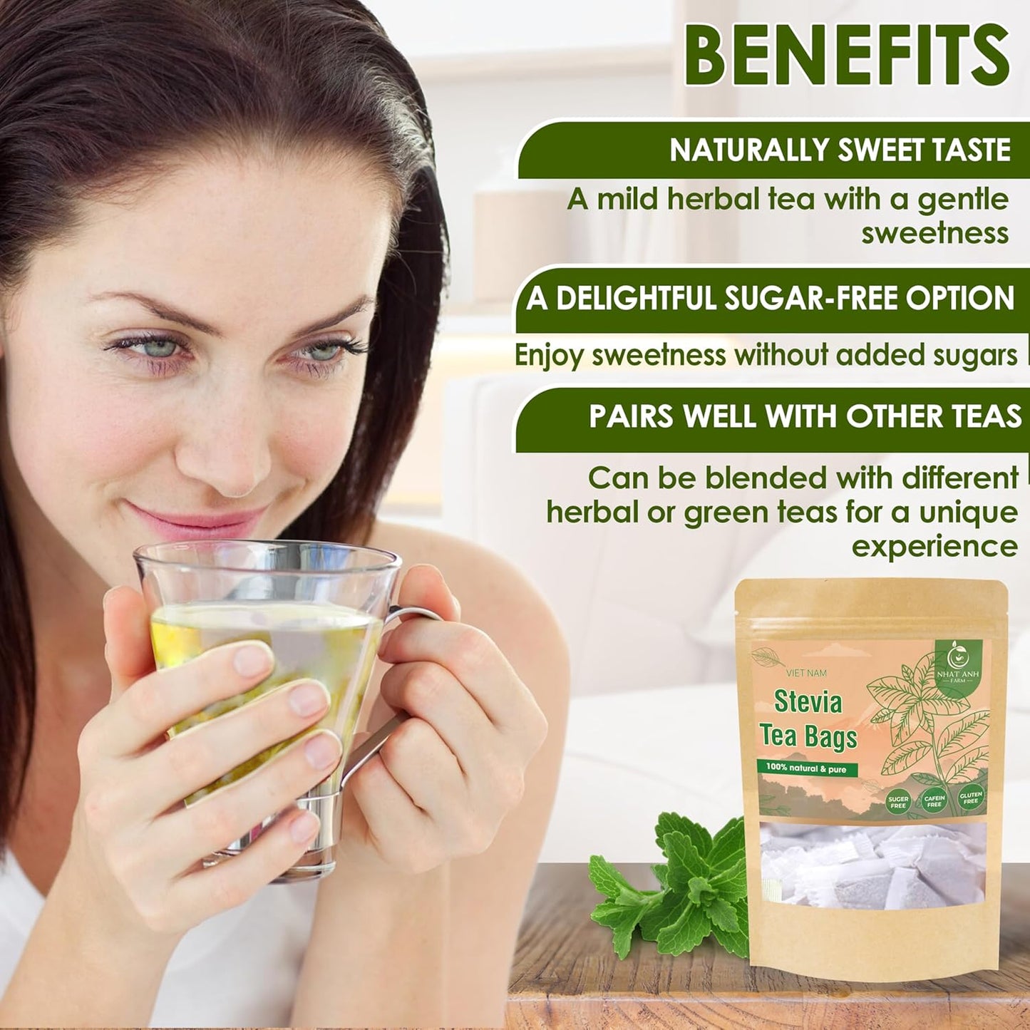 NHAT ANH FARM - Premium Stevia Tea Bags, 40 Stevia Tea Bags, 100% Natural Dried Leaves, Naturally Sweet Herbal Tea, Sugar-Free, Caffeine-Free, No Additives.