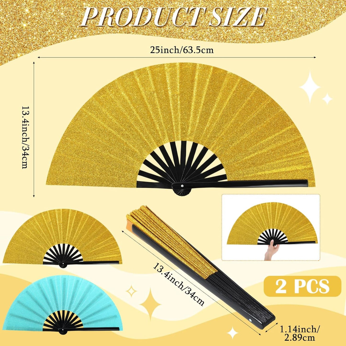 Maitys 2 Packs Large Clap Fans for Line Dancing Large Chinese Folding Hand Fans for Men and Women, Festival, Tai Ji, Kungfu, Martial Art, Gifts (Glitter Green and Gold)