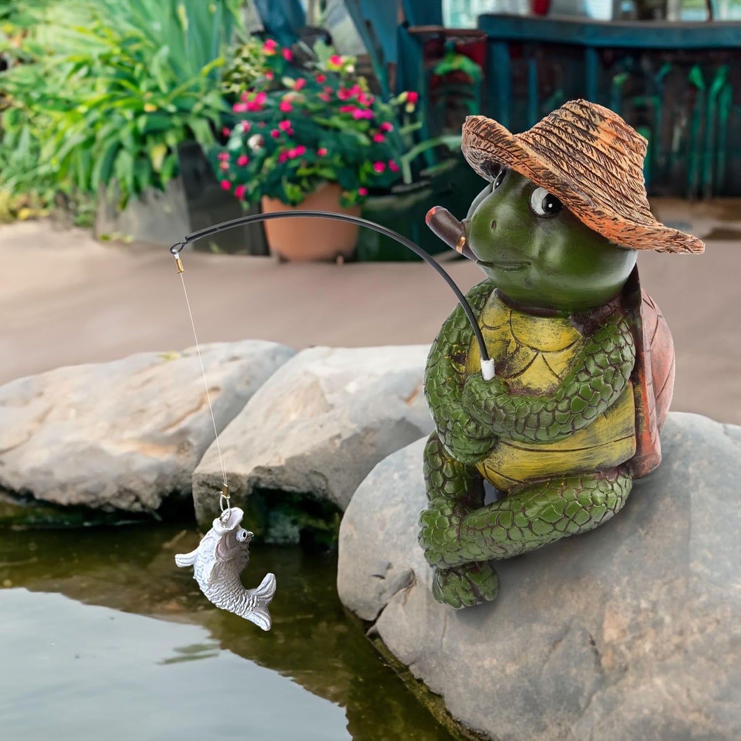 9.5" Turtle Fishing Statues- Whimsical Stone Look Lawn Yard Art, Funny Garden Pond Fisherman Sculpture, Resin Animal Decor, Ideal for Garden Enthusiasts & Turtle Fishing Lovers