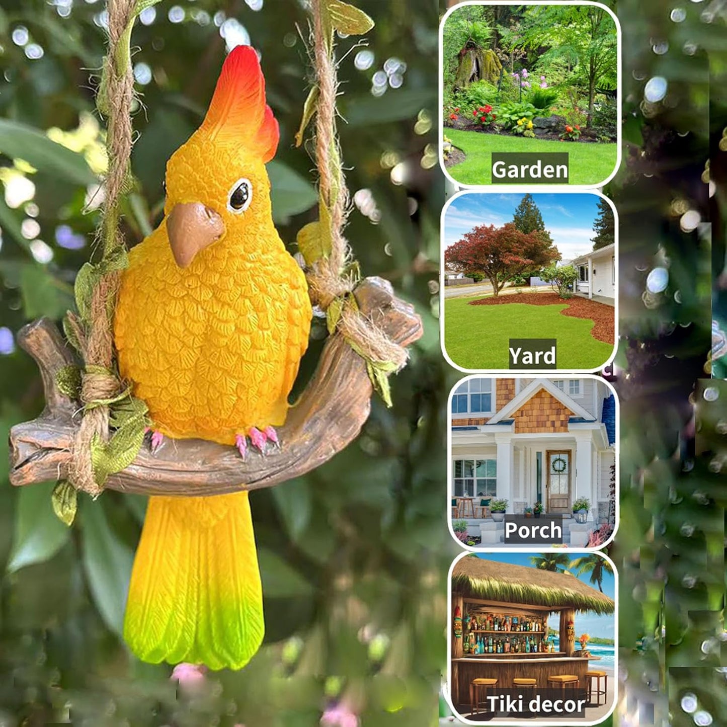 Resin Parrot Hanging Garden Decor Swing Figurine Ornaments, Outdoor Hanging Bird Sculpture Decor Perfect for Patio, Lawn, Gardens, Balconies, Indoor and Outdoor Spaces Yellow & Green Tail