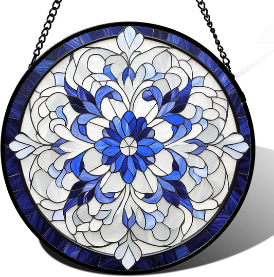 Stained Glass Window Hanging - Blue White Boho Flower Suncatcher for Door Garden Yard Sun Catchers Decor Christmas Mother's Day Birthday Gifts for Women Mom Nana Friend Teacher 6.3 in