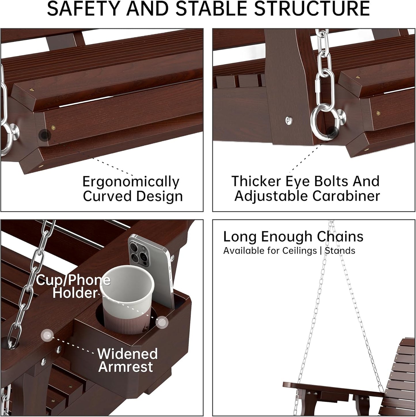 Wooden Outdoor Porch Swing, 3 Seater Front Porch Swing with Upgraded 22" Deep Seat, Heavy Duty 880 Lbs Swing Bench Chair for for Patio, Backyard, Garden (Brown, 5 Foot)