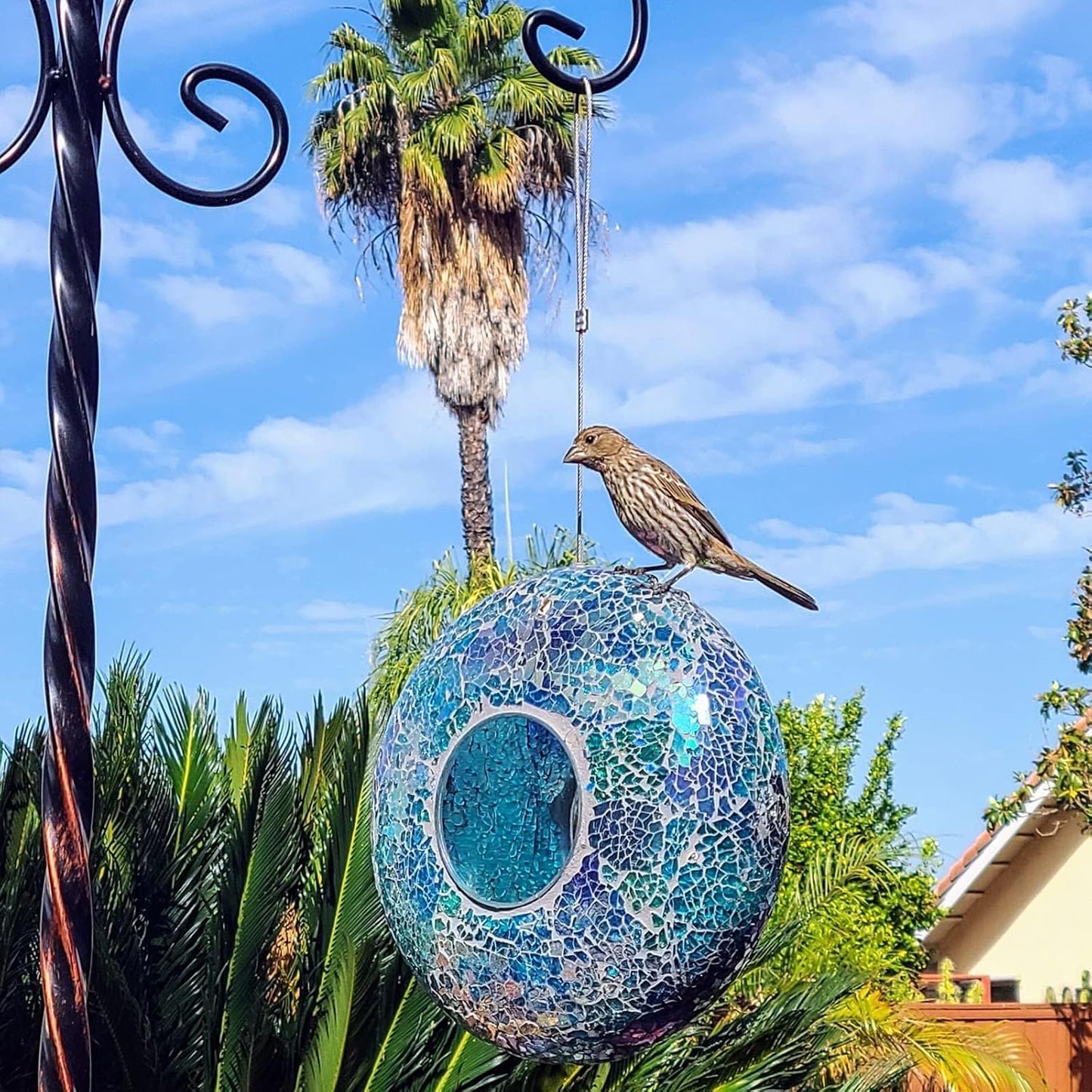 Fly Through Wild Bird Feeder Garden Hanging Bird Feeder Mosaic Circle Squirrel Proof for Outdoor Decoration,Blue
