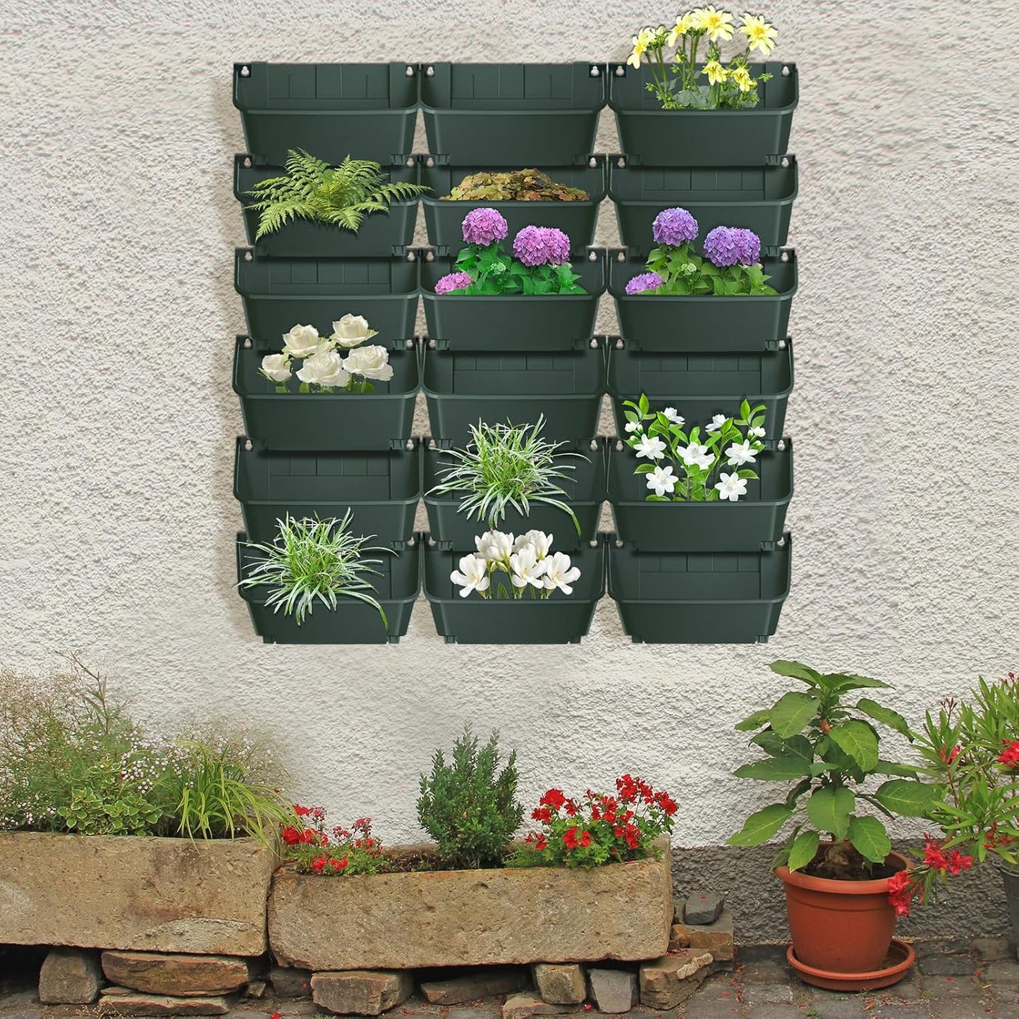 18-Pot Vertical Wall Planter, Self-Watering Stackable Planters for Indoor & Outdoor Use, Perfect for Herbs, Flowers & Vegetables (18, Black)