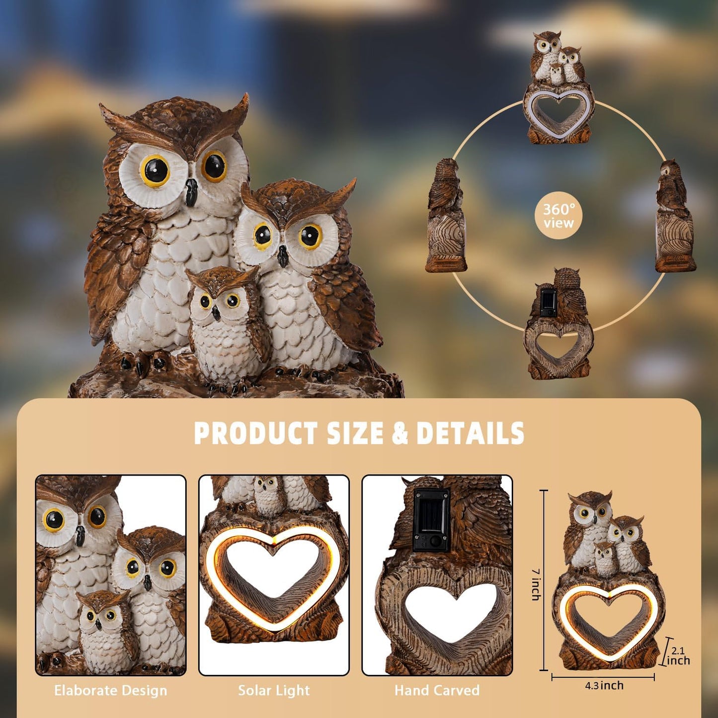 Solar Garden Decor Statues 7" Resin Solar Owl Waterproof Garden Owl Decor for Outside Yard Patio Porch Decoration Gift for Mom Grandma