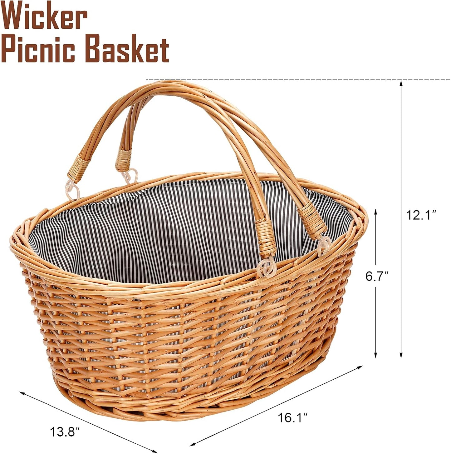 Wicker Picnic Basket with Double Folding Handles, Natural Large Willow Hamper Empty Basket Cheap Easter Eggs Candy Storage Wine Basket for Toy, Flower, Wedding（Grey 16inch）