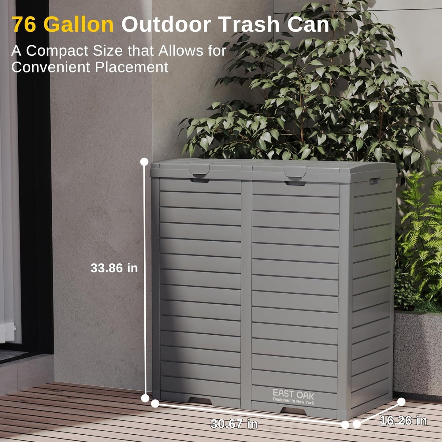 EAST OAK 76 Gallon Outdoor Trash Can | Waterproof Resin Garbage Can with Tiered Lid & Drip Tray | Outside Trash Bin for Patio | Kitchen, Backyard & Deck | Gray Color