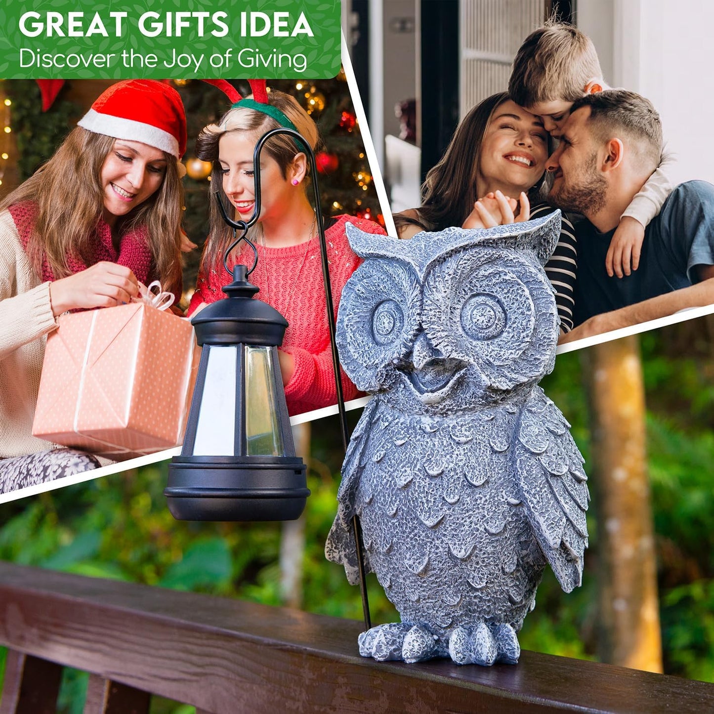 Owl Solar Garden Outdoor Statues, Resin Owl Figurine Decorations with Solar Lights Lantern for Patio, Balcony, Home, Yard Art, Lawn Ornaments, Porch, Garden Gifts for Grandma Mom Women