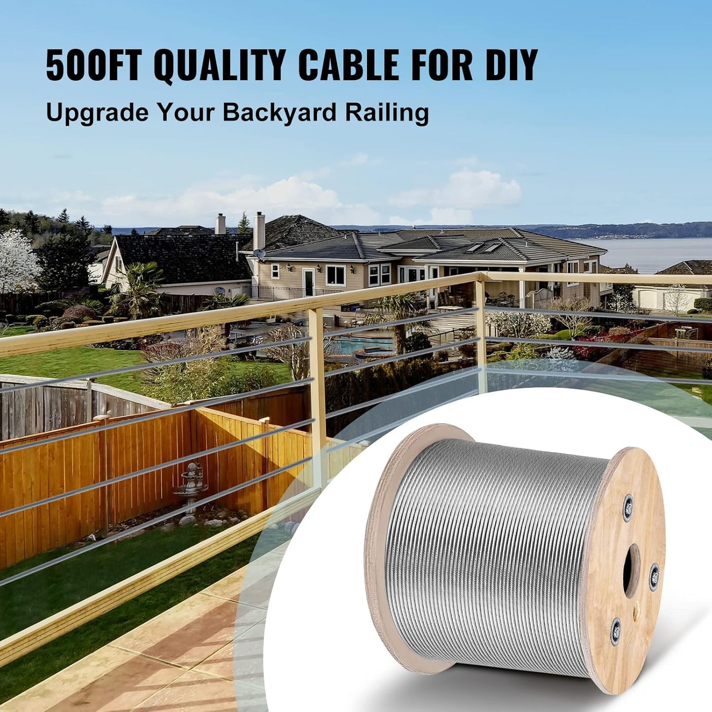 VEVOR 3/16 Stainless Steel Cable 500FT, T304 3700 LBS Breaking Strength Cable Railing System Wire Rope Aircraft Deck Railing Kit Fence Wire