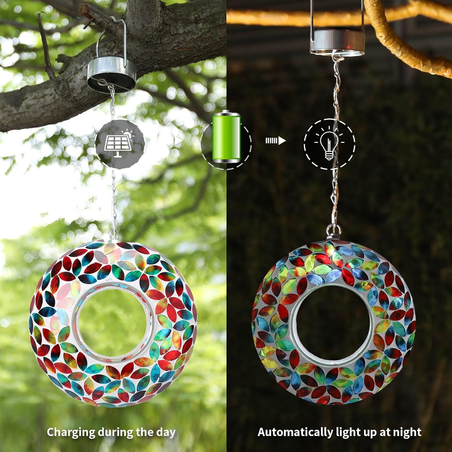 VCUTEKA Mosaic Bird Feeder Solar Fly Through Birdfeeder for Outside Hanging Round Shape Glass Container to Attract More Wild Bird Feeders for Garden Decor as Gift for Bird Lovers, Red 10-Inch