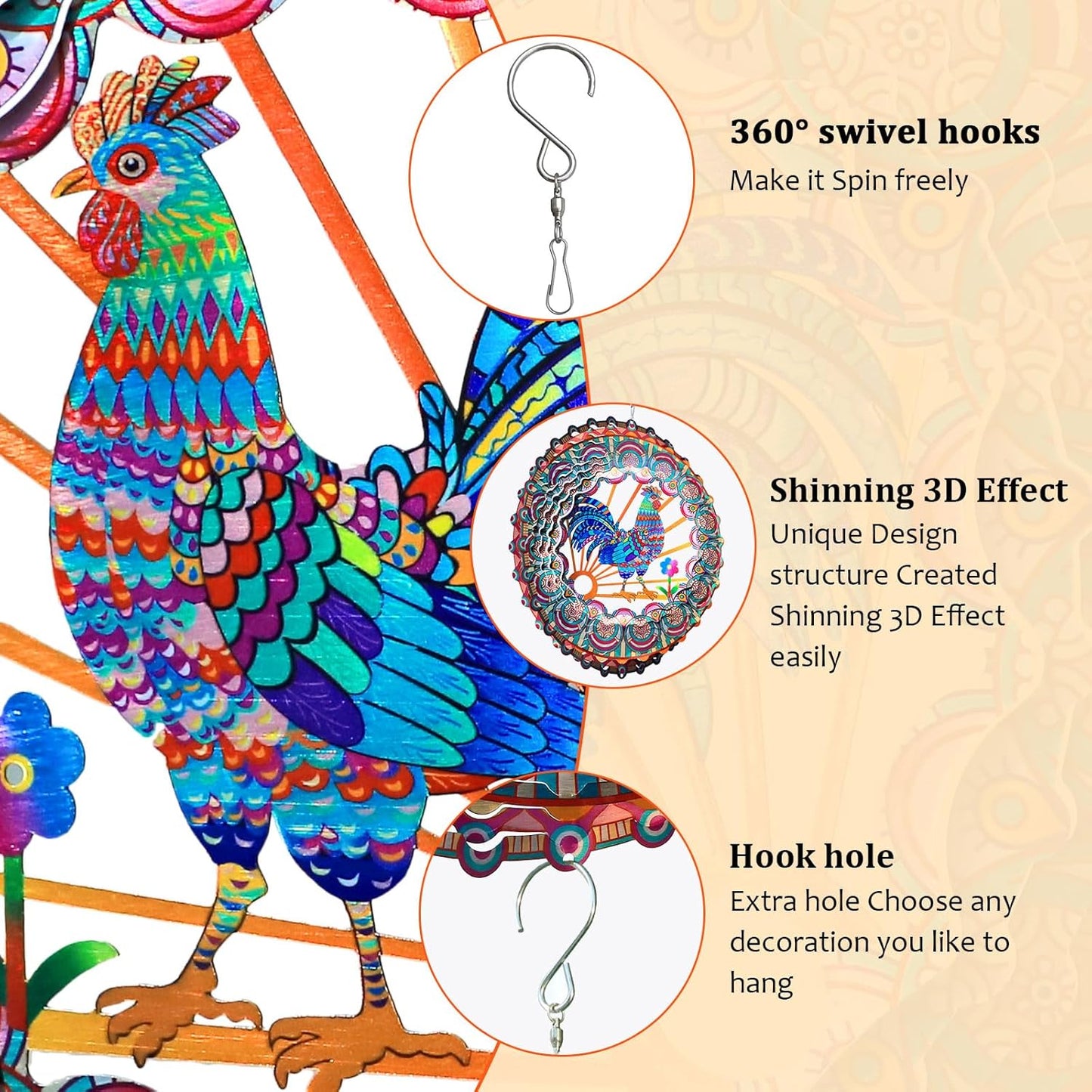 Rooster Wind Spinner - 3D Kinetic Chicken Wind Spinners | 12-Inch Rustproof Metal Hanging Sculpture, Outdoor Garden & Patio Decor, Unique Gifts for Dad, Mom, Men, Women