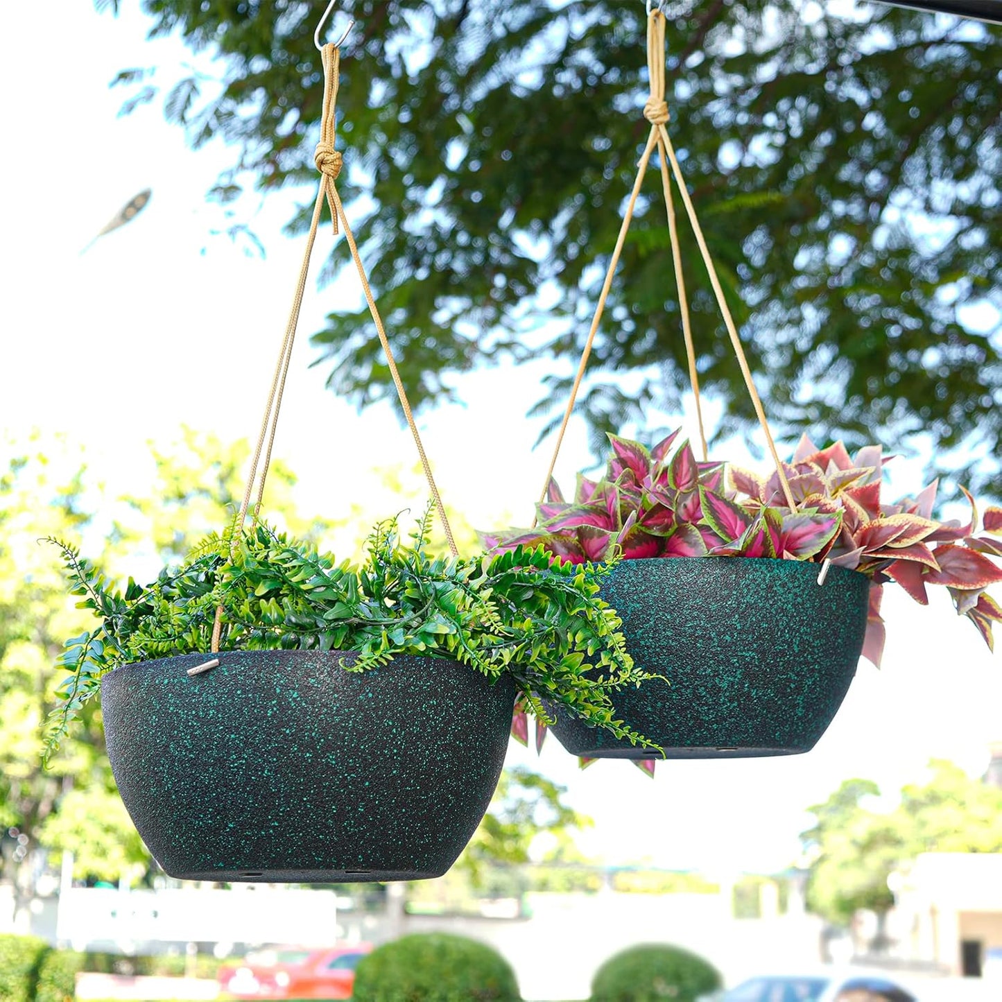 13 Inch 2 Pack Large Hanging Planters for Indoor Outdoor Plants, Plastic Hanging Basket Pots for House Plants Flowers, Black Speckles