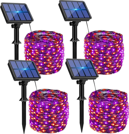 btfarm 4 Pack Solar Halloween String Lights Outdoor, 320LED 132FT Orange Purple Solar Fairy Lights Outside Waterproof, 8 Modes Solar Powered Twinkle Lights for Tree Garden Patio Halloween Decorations
