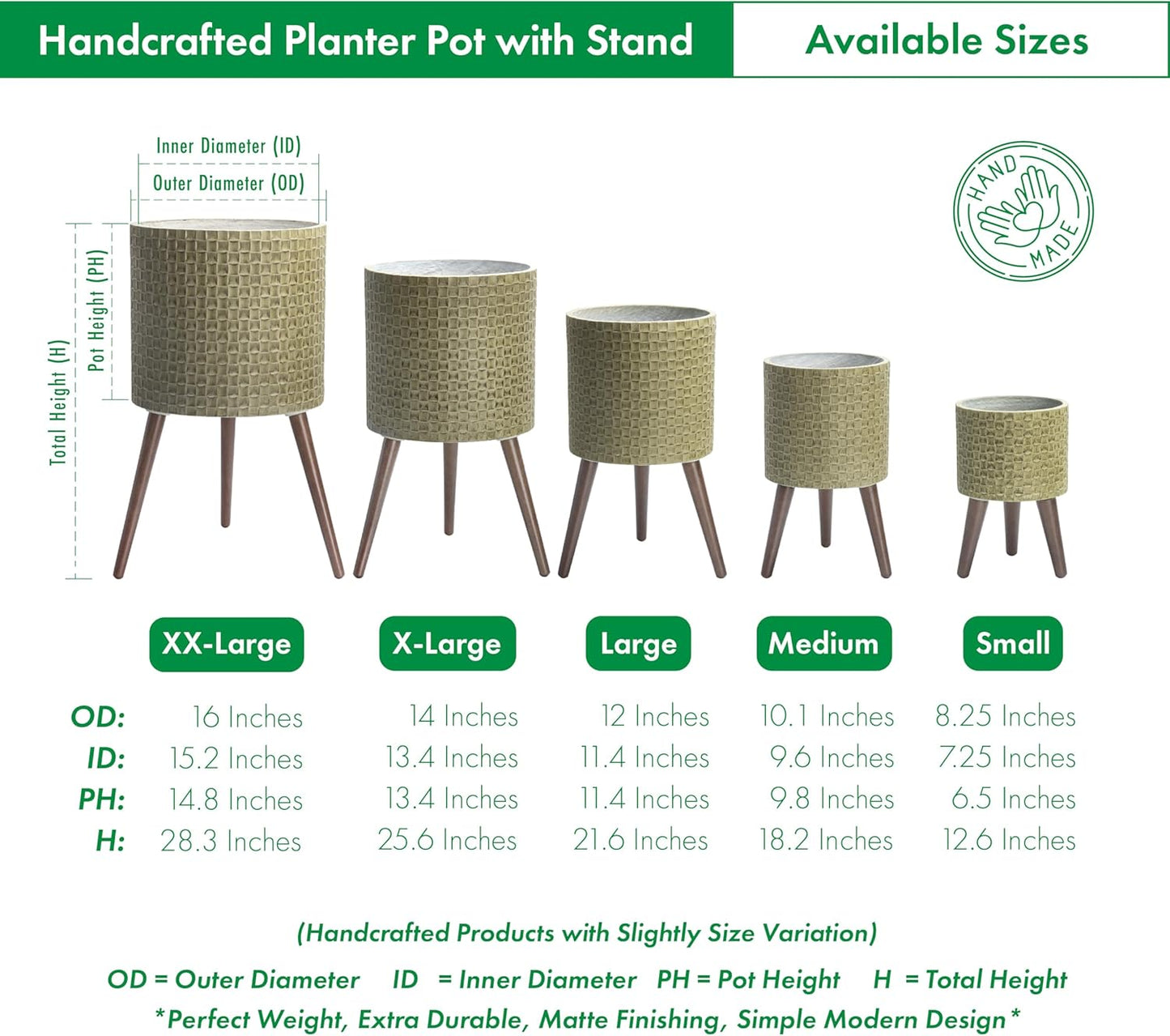 D'vine Dev 14 Inch Modern Geometric Tile Patterned Sleek Planter Pot with Stand, Indoor Outdoor Decorative Plant Holder, Distressed Olive, 88-Z-D-4