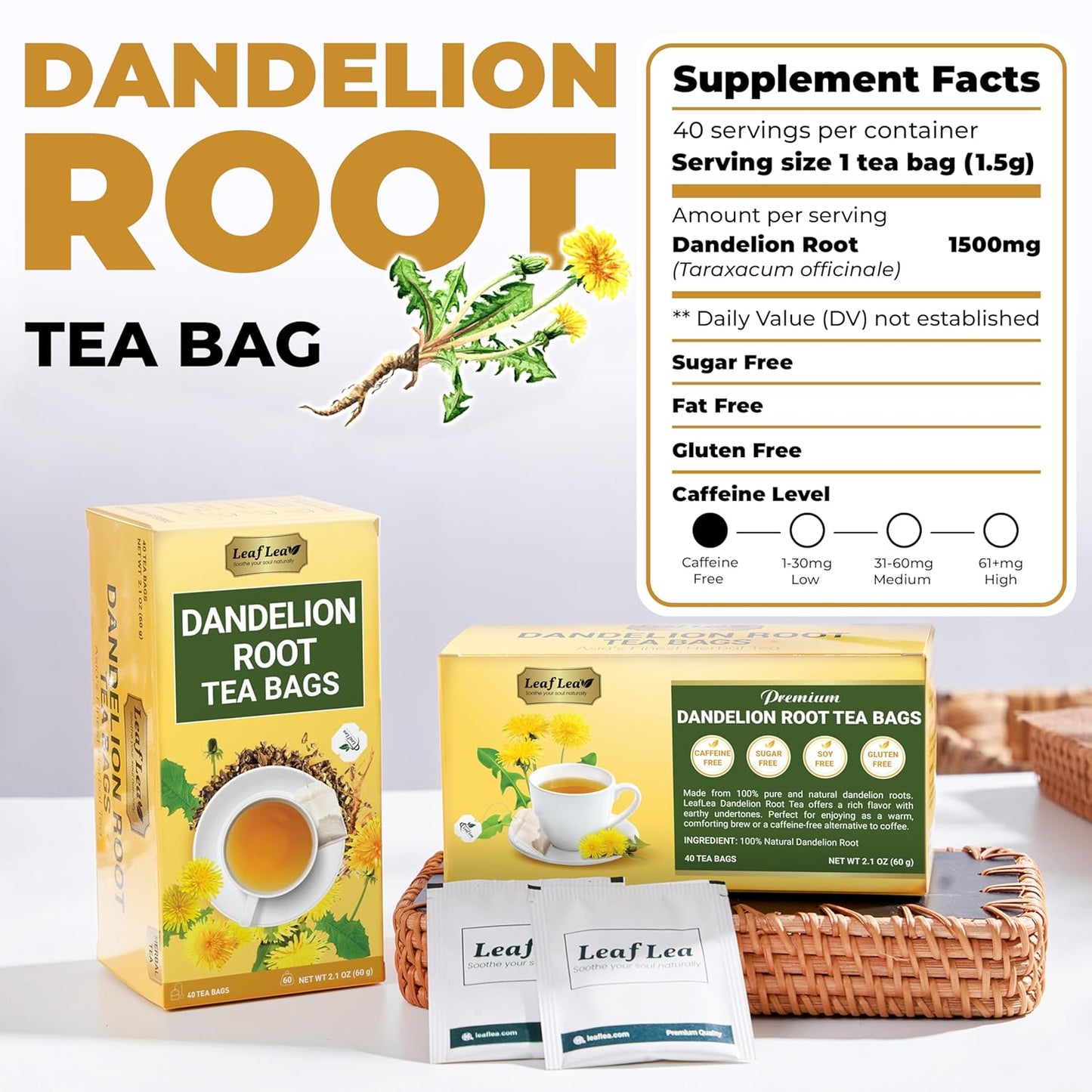 LeafLea 40 Dandelion Root Tea Bags, Dandelion Tea Supports Wellness and a Balanced Lifestyle, 100% Natural & Pure Dandelion Root, Vegan, No Sugar, Caffeine-Free