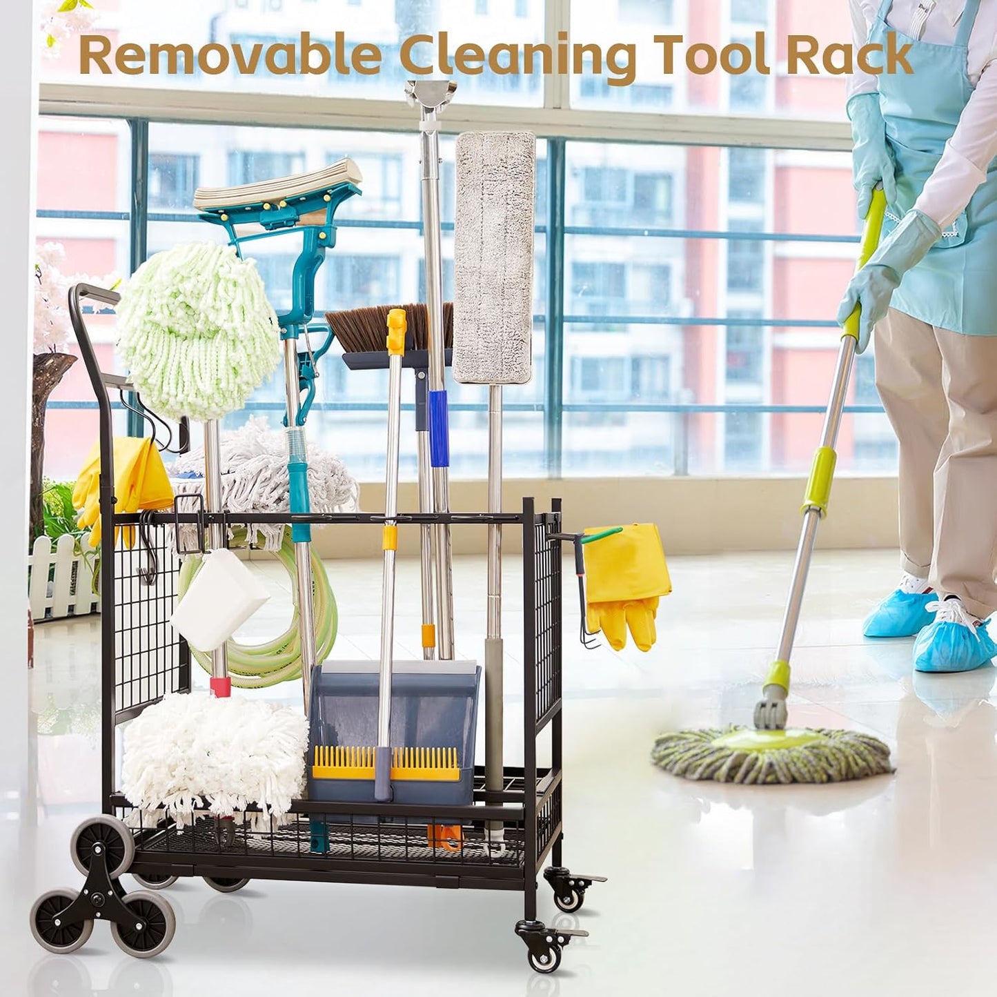 Lauren&Harold Garden Tool Organizer for Garage, Yard Tools Storage Rack with 2 Stair-Climbing Wheels, Gardening Tool Storage Holder for Garage, Yard, Lawn and Outdoor, Garden Tool Rolling Cart