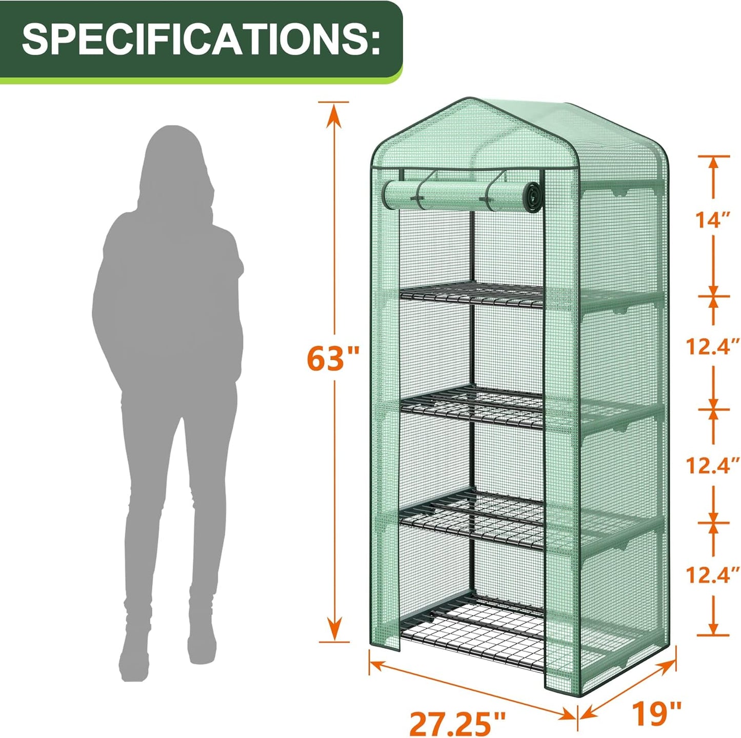 4 Tier Mini Greenhouse Indoor Outdoor with PE Cover and Roll-Up Zipper Door, Portable Waterproof Cloth Greenhouse Tent Grow Seeds & Seedlings, 2.3x1.5x5.3 FT