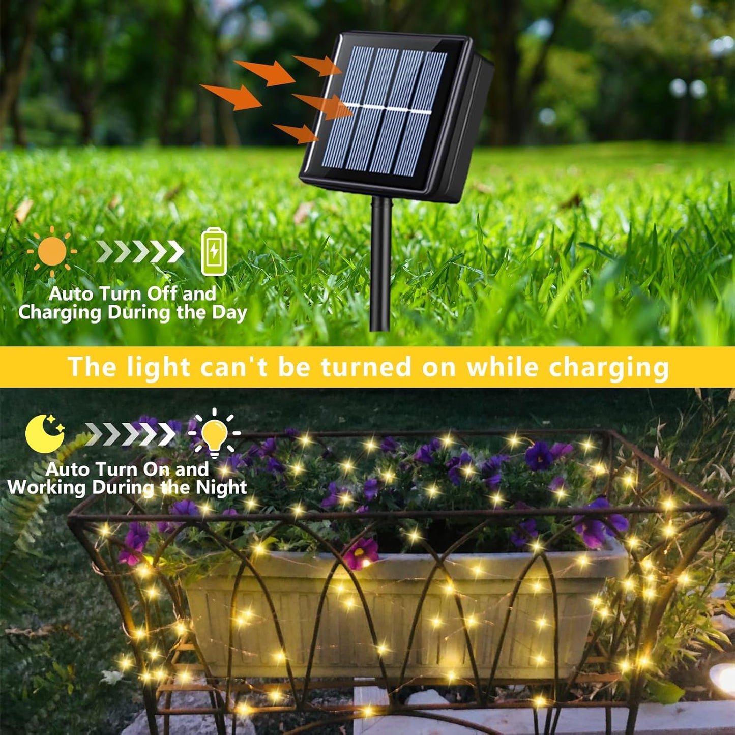 QITONG Warm White Solar Fairy Lights Outside Waterproof, 2 Pack 66ft 200 LED String Lights Outdoor, 8 Modes Silver Wire Twinkle Lights
