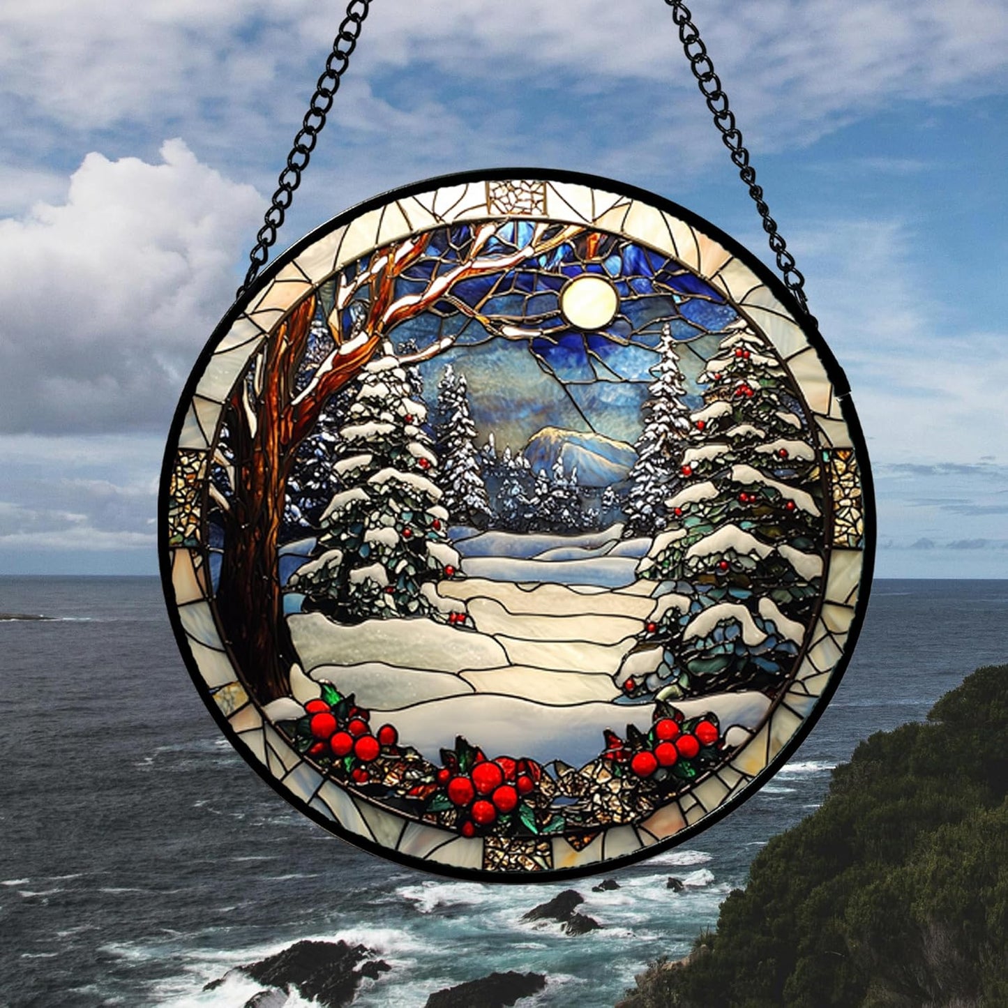 Stained Glass Window Hanging Christmas Tree Winter Snow Night Scenery Large 14.9" - Suncatcher Door Garden Kitchen Sun Catcher Home Decor Birthday for Mom Men Woman Friend
