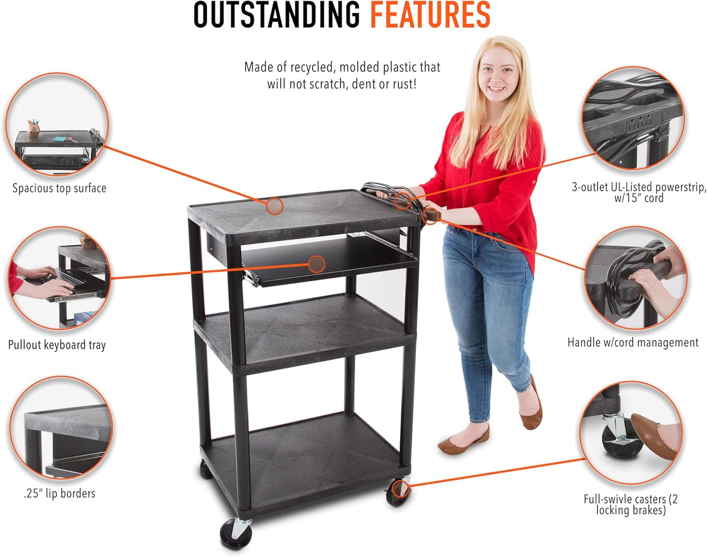 Stand Steady Line Leader 42" H Multipurpose Storage Utility Cart with 3 Shelves, Front Pullout Tray and Push Handle | Easy Assembly (24in x 18in x 42in / Black)