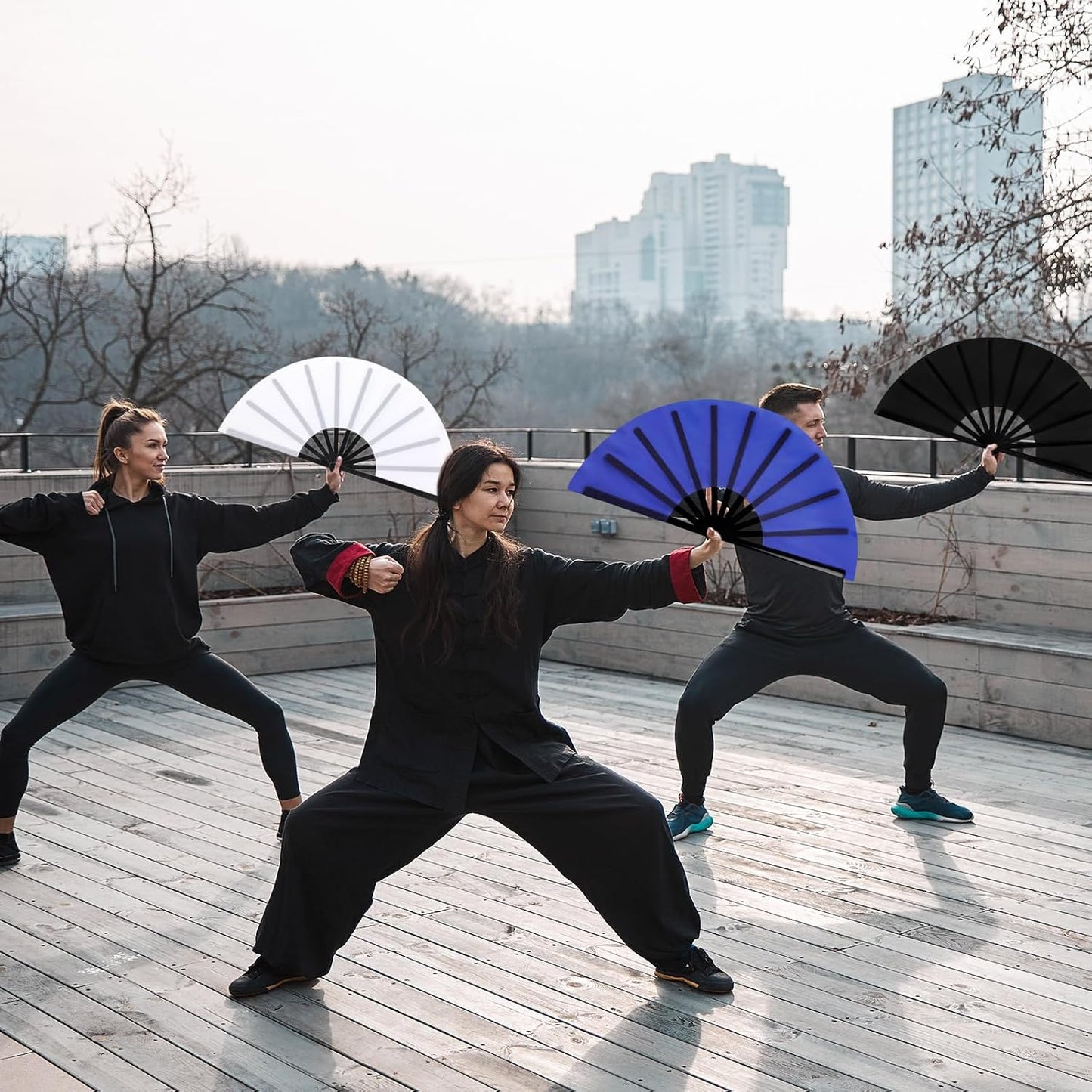 Maitys 4 Packs Large Clap Fans for Line Dancing Large Chinese Folding Hand Fans for Men and Women, Festival, Tai Ji, Kungfu, Martial Art, Gifts (Black,Red,White and Blue)